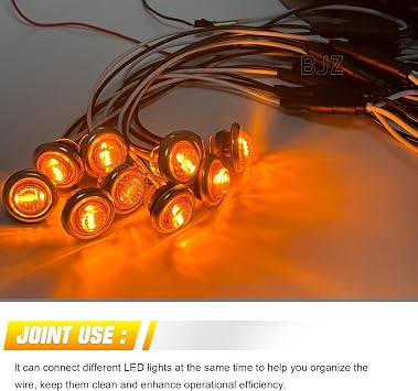 BJZ 50Pcs Amber 3/4'' Trailer LED Marker Side Clearance Tail Round Lights w/Connector Plug + 50Pcs 3/4 Round Stainless Steel Trim Ring Bezels + 50 Counts 2-PIN Female Bullet Plug Wire Harness Roll