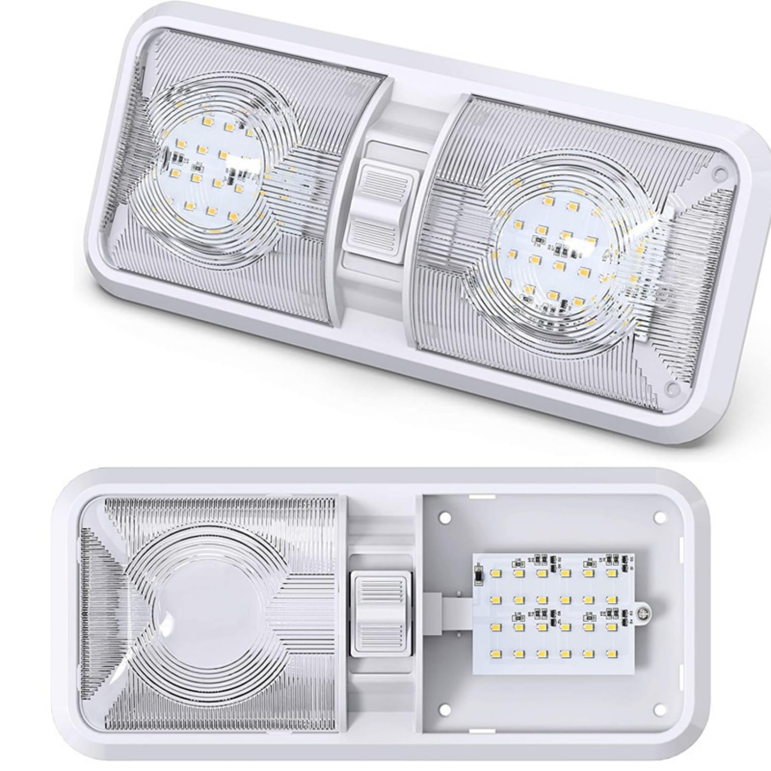 RV Interior LED Ceiling Lights with Remote Control and Mini Wireless Button Preprogrammed, Dual Bright Dome Lamps Interior Lighting for RV Trailer Camper Boat Motorhome Truck DC 12V White