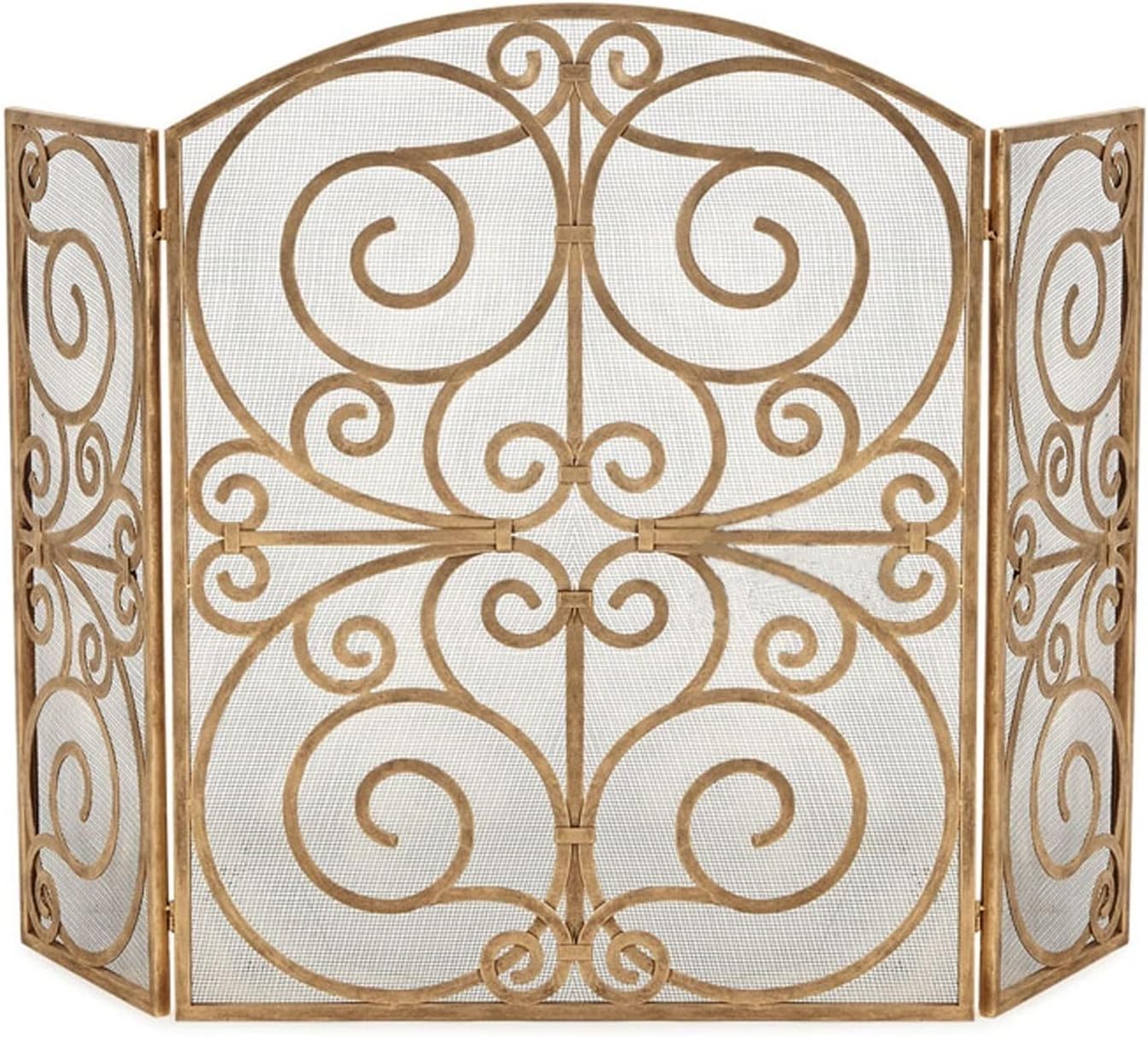 Hollow Carved Fireplace Screen Partition Tri-fold with Mesh Wrought Iron Spark Protective Grille Decoration Household Fireplace Partition Screen Fireplace Screen (Gold)