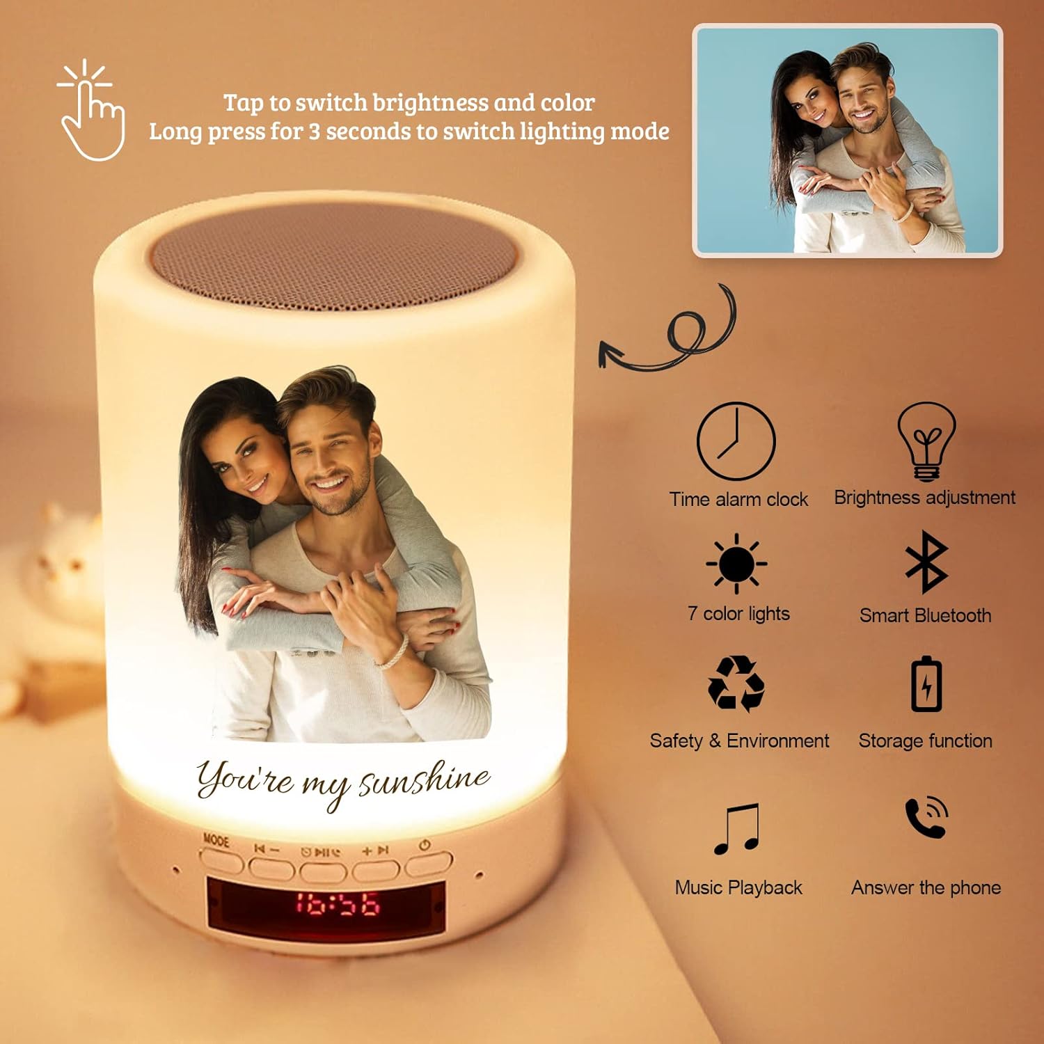 Table Lamp Touch Night Light - Personalized Photo Bluetooth Speaker Clock Bedside Lamps with Fast USB Charging Port, Adjustable Warm White Light Colored lights, For Bedroom/Office/Outdoor Camping