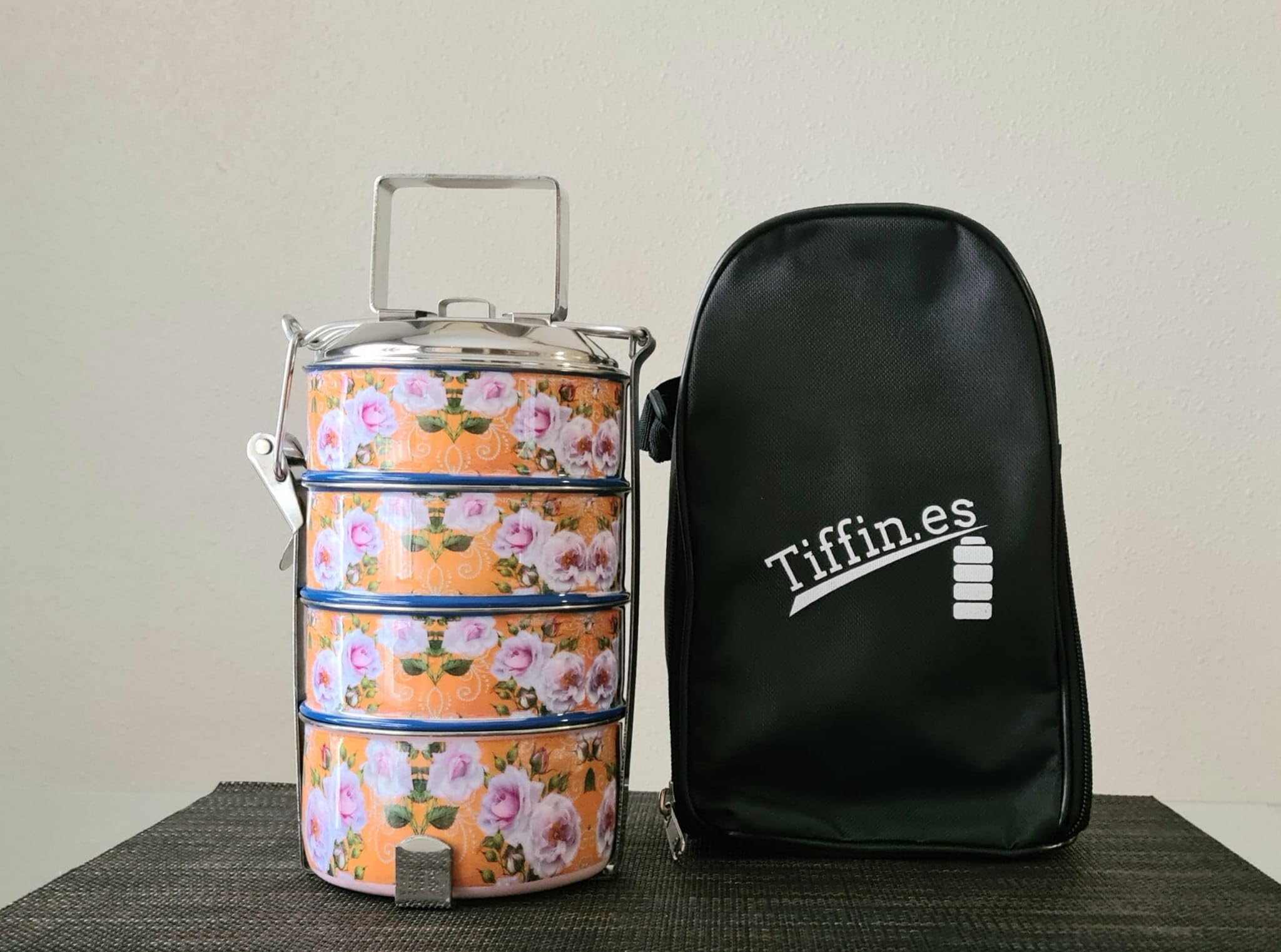 Tiffin cilíndrico de 4 niveles con estampado floral 100% acero inoxidable con bolsa térmica | Tiffin.es