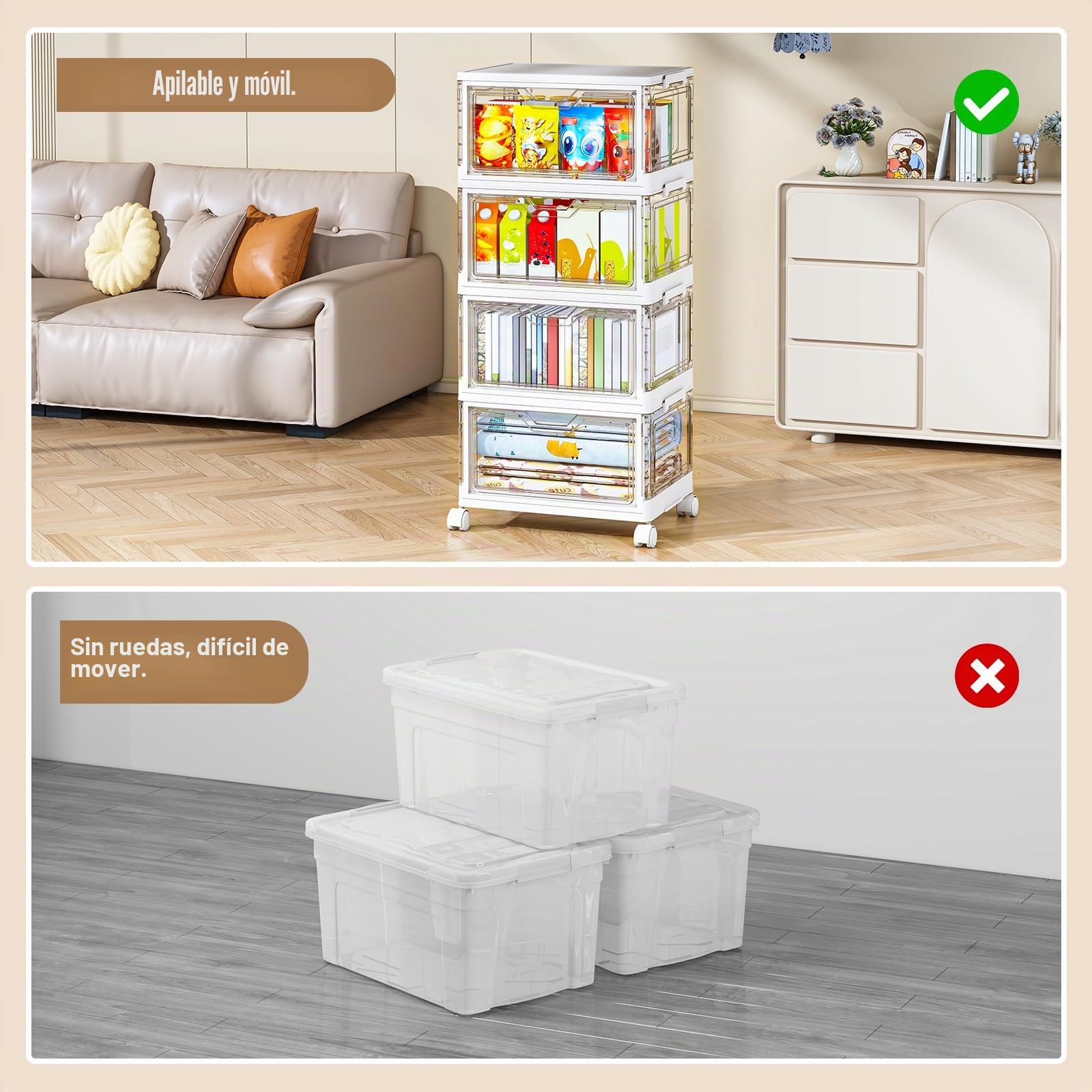 Cajas de almacenamiento con tapa, cajas de plástico apilables transparentes, grandes organizadores para dormitorio, sala de estar, baño