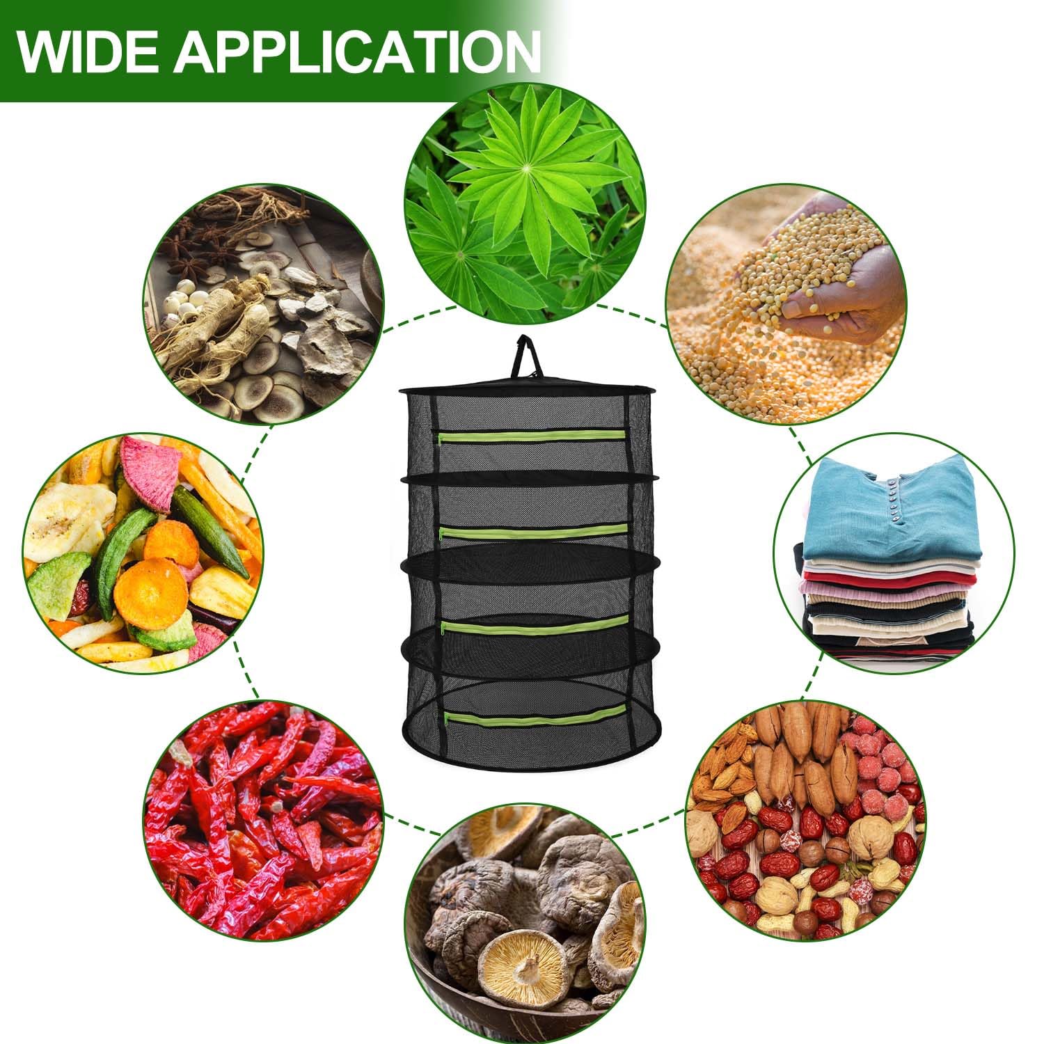 Séchoir Suspendu 4 étages Coopache - Filet Herbes, Fruits, Légumes, Noir Et Vert
