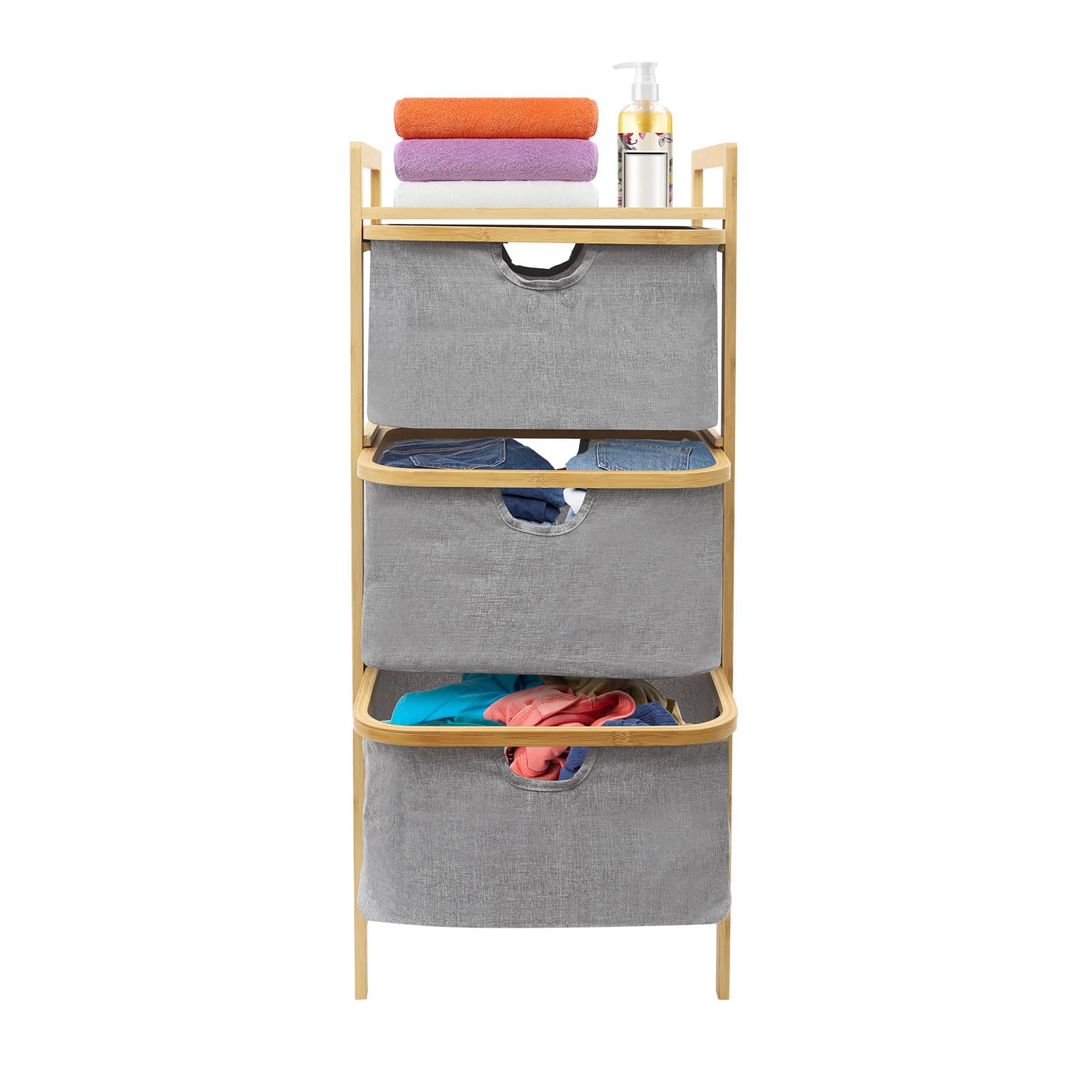 3-Stufiger Wäschekorb Grau Wäschesammler Fächer Wäschesortierer Wäschetonne Wäsche Sortiersystem Schmutzwäschebehälter Wäschetrenner Wäschekorb Organizer 44x33x96 cm, Sortierfunktion, Standregal