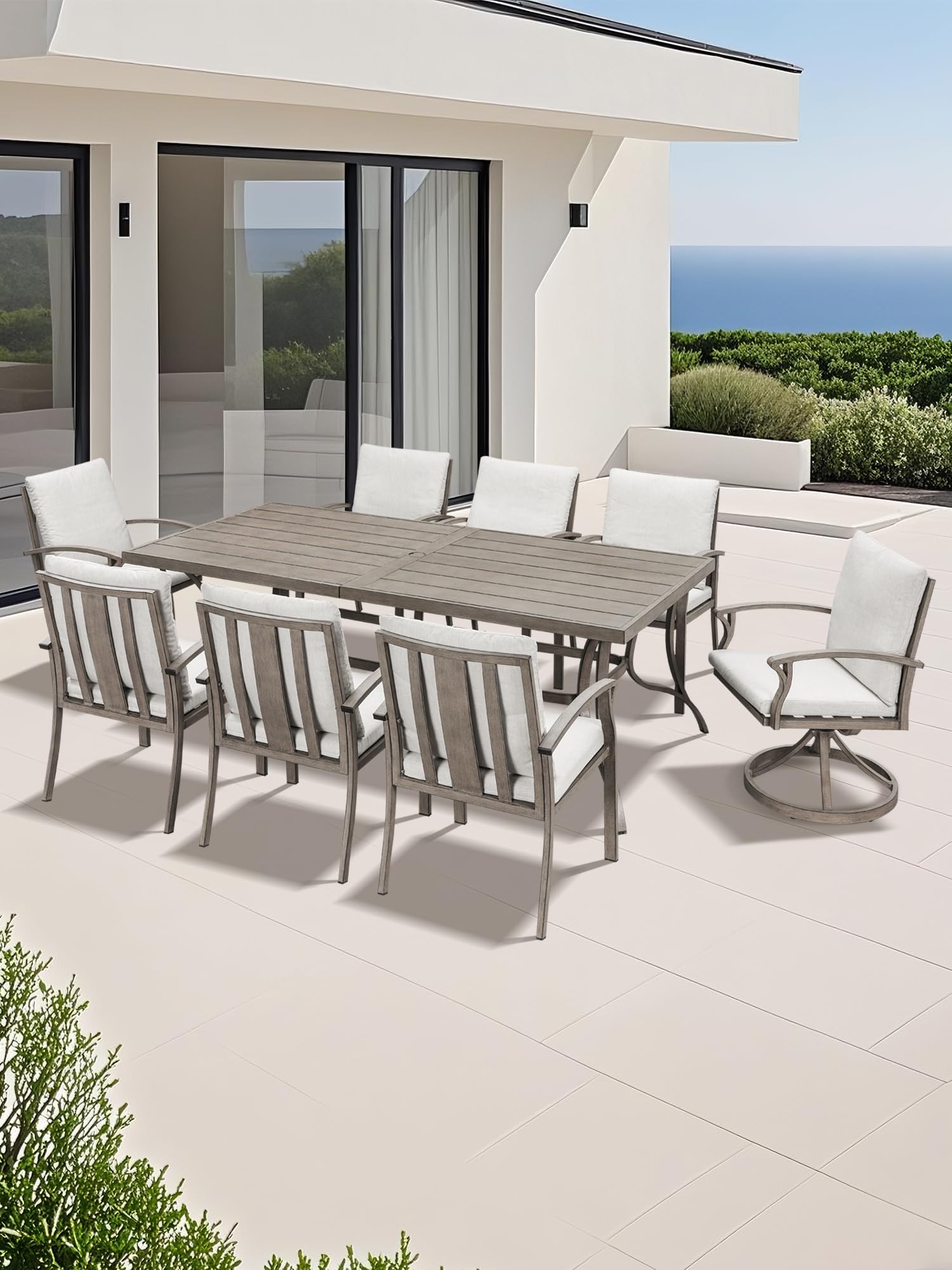 Juego de comedor de patio de 9 piezas, juego de comedor de aluminio al aire libre para 8, juegos de muebles de patio con agujero para paraguas, 6 sillas de comedor, 2 sillas de comedor 5