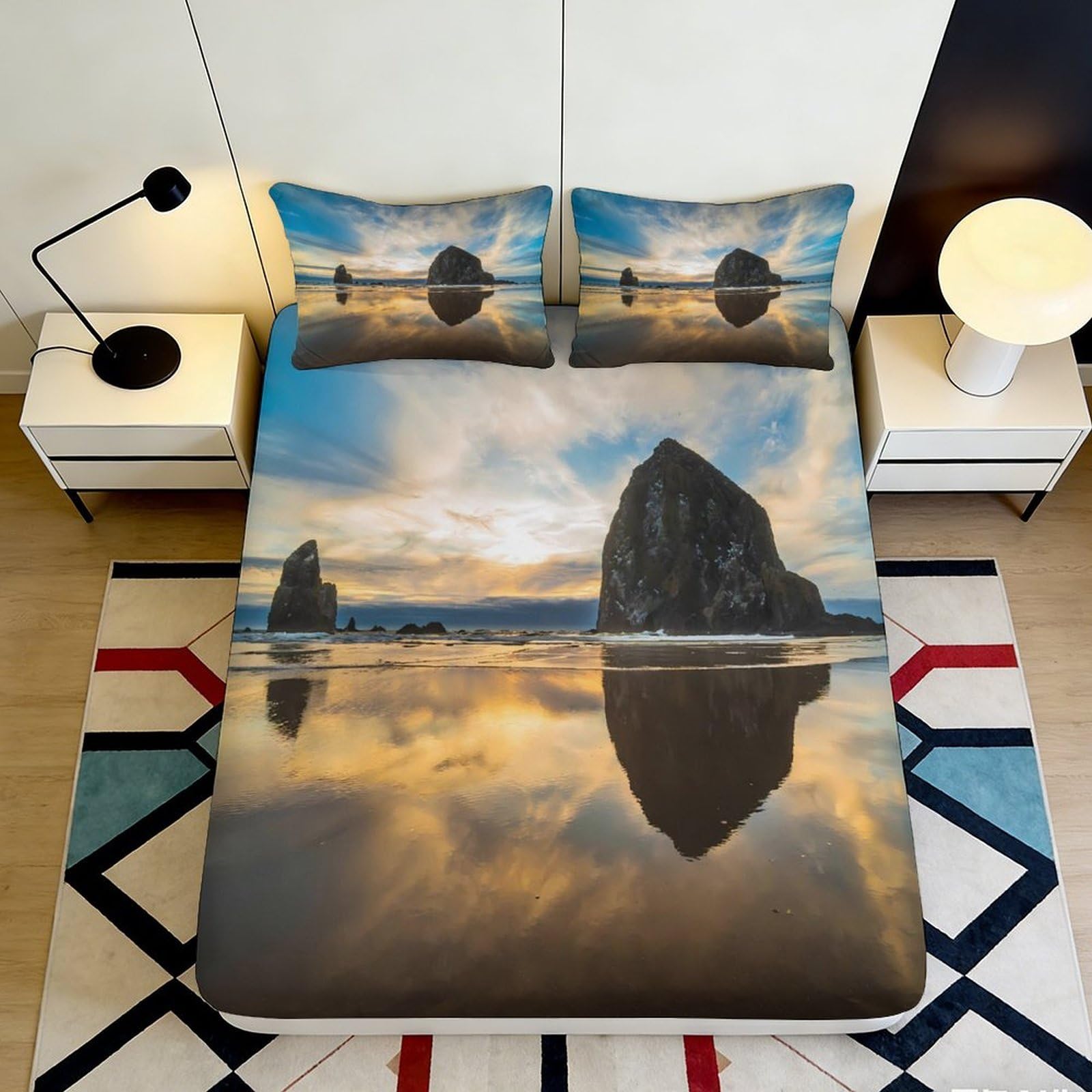 3D Printed Landscape Fitted Sheet Microfiber Bedroom Non-Slip Deep Pocket Landscape Mattress Fitted Cover Washable Full Wrap for Adults 200x200x25cm 90x200x25cm