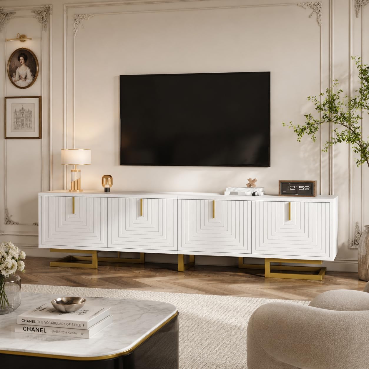 TV Stand Cabinet with Storage space, TV Cabinet with 4 Doors, Modern TV Unit with Partition for 55 inch TVs, Entertainment Center Suitable for Bedrooms,Living Rooms, and Multimedia Centres, White