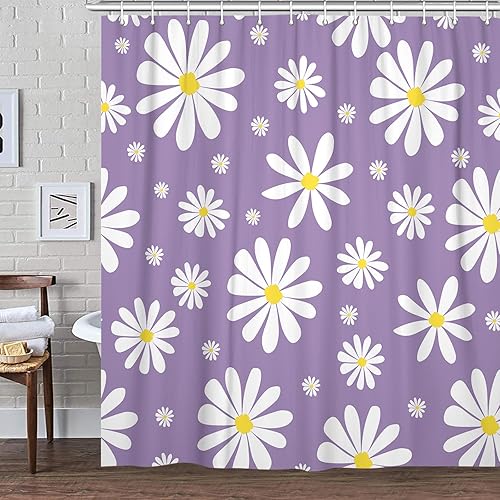 Miniatura 2 de Cortina de ducha floral de margaritas moradas, bonito juego de cortinas de ducha de tela de flores retro bohemias blancas y lavanda para niñas,
