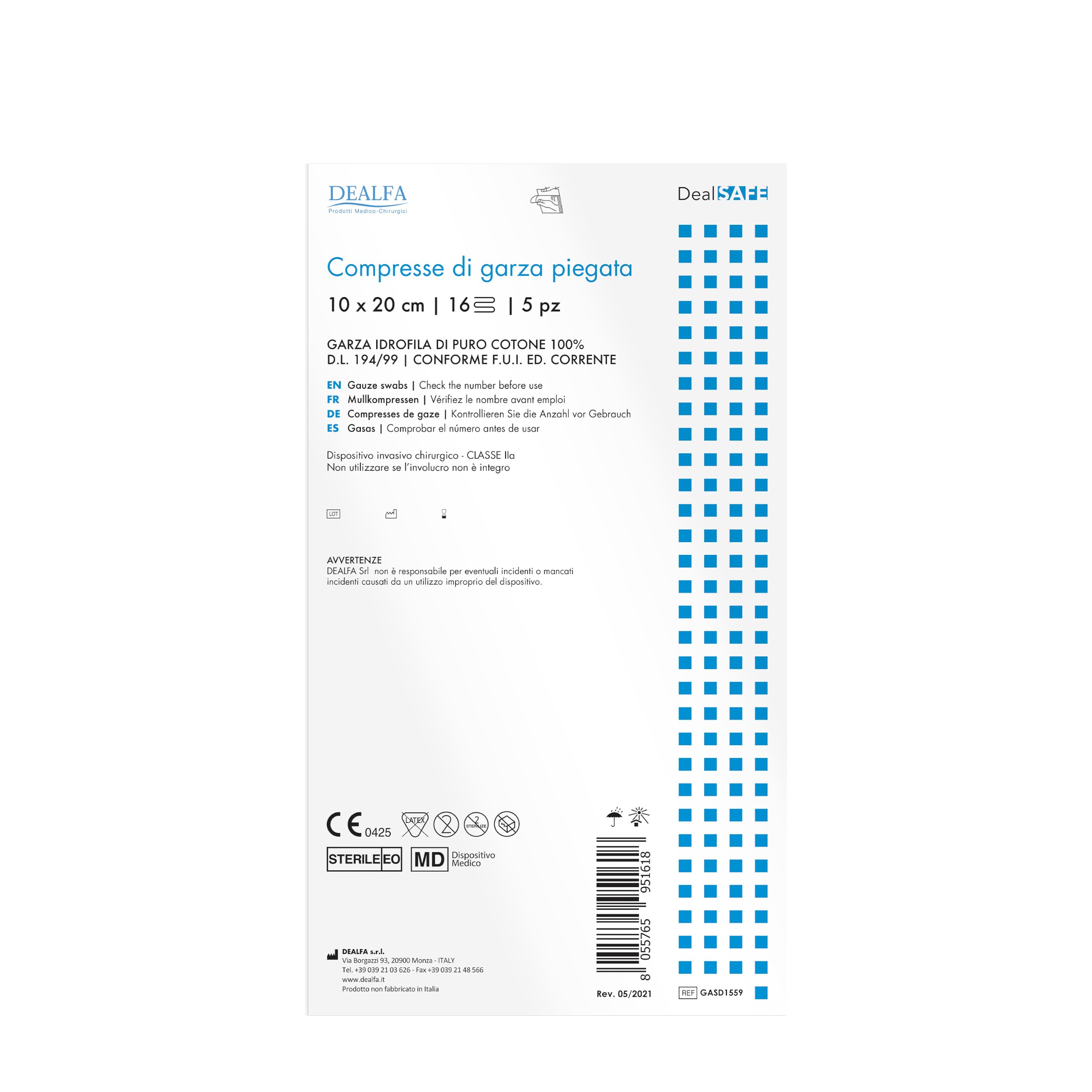DEAlfa - Compresas de gasa plegadas estériles - 10 x 20 cm a 16 capas - Bolsa estéril de 5 unidades - 40 sobres de 5 unidades - Paquete de 200 unidades