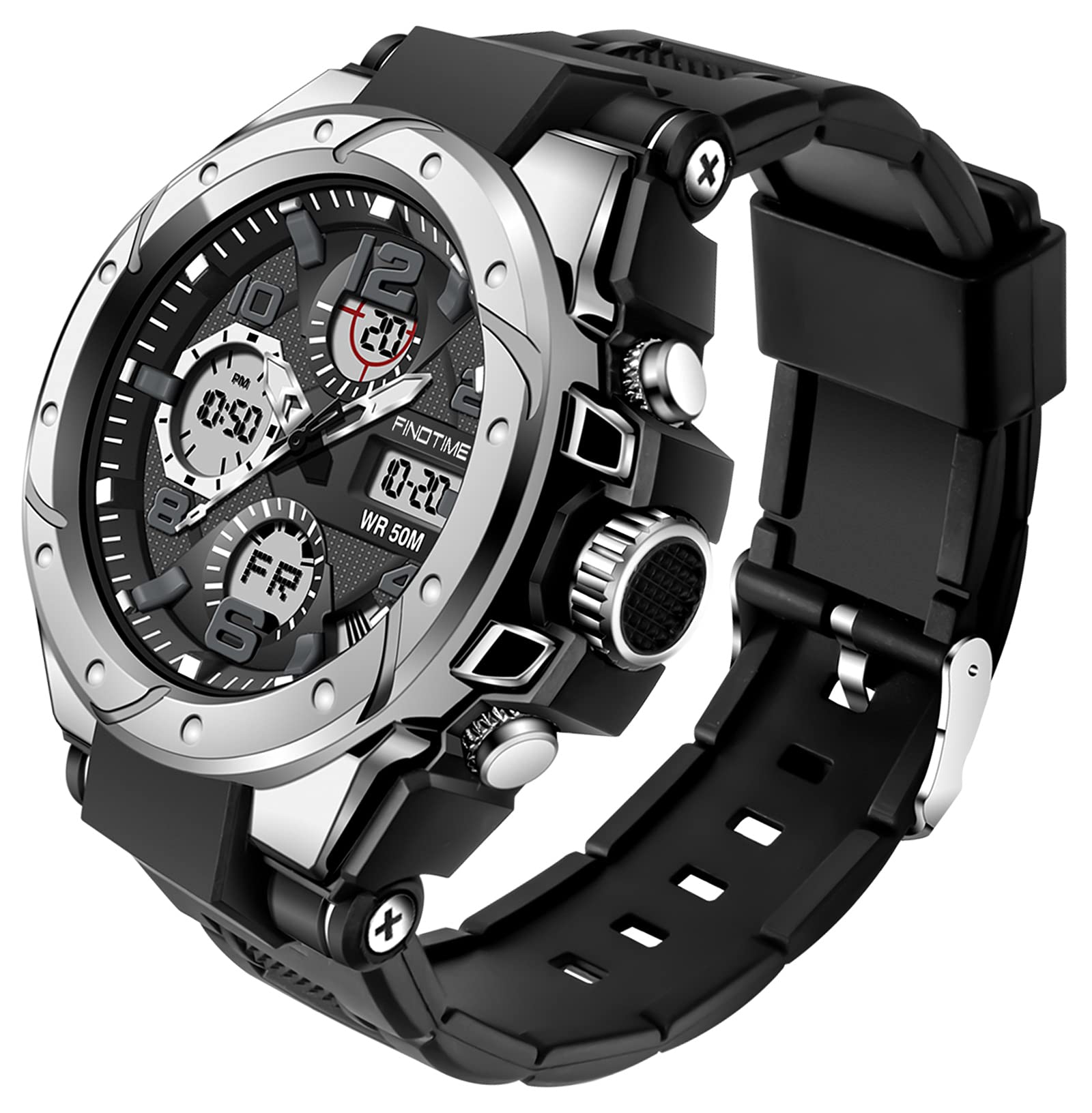findtime Reloj Deportivo táctico Militar para Hombre con Esfera Grande, cronómetro, Alarma, visualización analógica de Doble Hora, retroiluminación, Impermeable para Exteriores