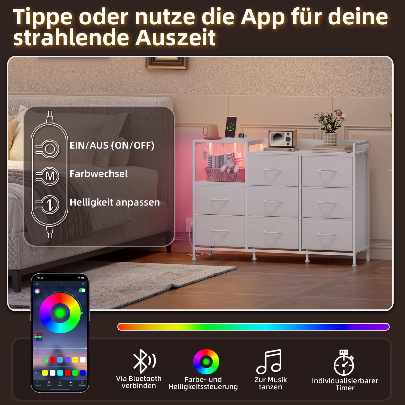 Somdot Kommode Schlafzimmer Wohnzimmer Flur mit Schubladen, Komodenschrank mit LED und Steckdosenleiste (2 AC-Steckdosen, 1USB, 1Type-C), 8 Stoffschubladen, Weiß, 29T x 99B x 70,5H cm