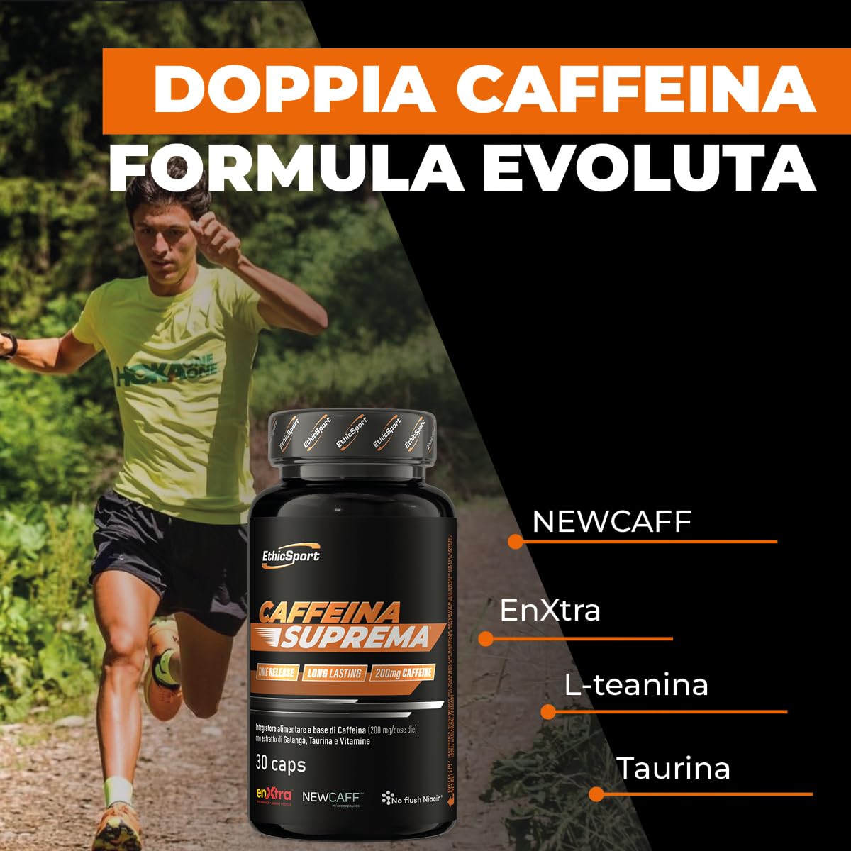 ETHICSPORT Caffeina Suprema 200 mg di Caffeina a rilascio modulato con NEWCAFF, EnXtra, Teanina e Taurina – utile per lucidità mentale e concentrazione – 30 capsule vegetali
