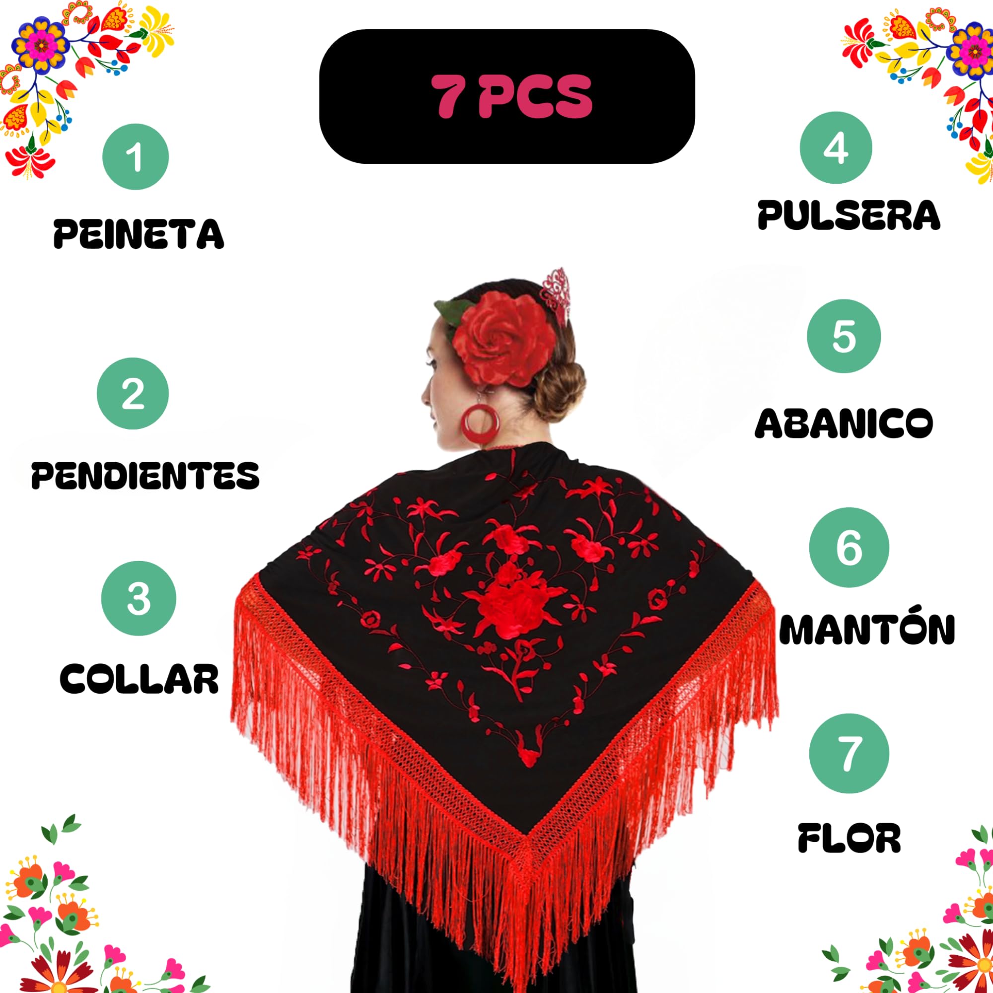 Manton de Manila Mujer Flamenca, Manton Bordado+Rosa para el Pelo+Abanico Flamenco+Peineta+ Pendientes+ Pulsera