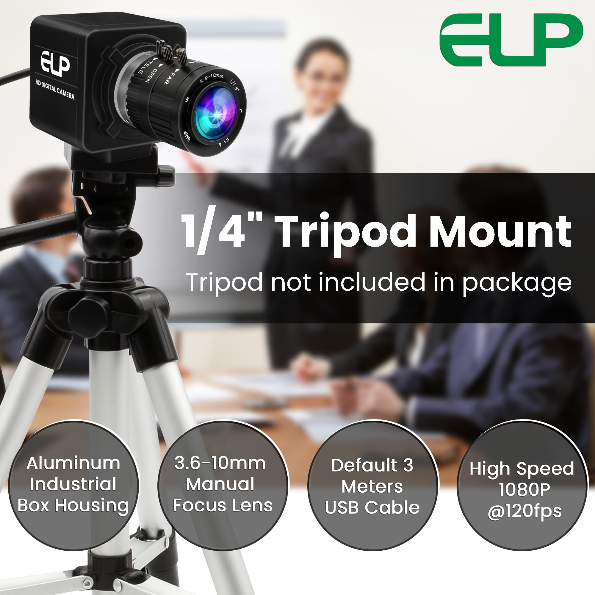 ELP Webcam con zoom manuale da 12 MP USB per computer 1080P 120fps Messa a fuoco variabile Lightburn Camera ad alta velocità 3.6-10mm Zoom 3X USB2.0 PC Cam Varifocal USB Security Webcam per
