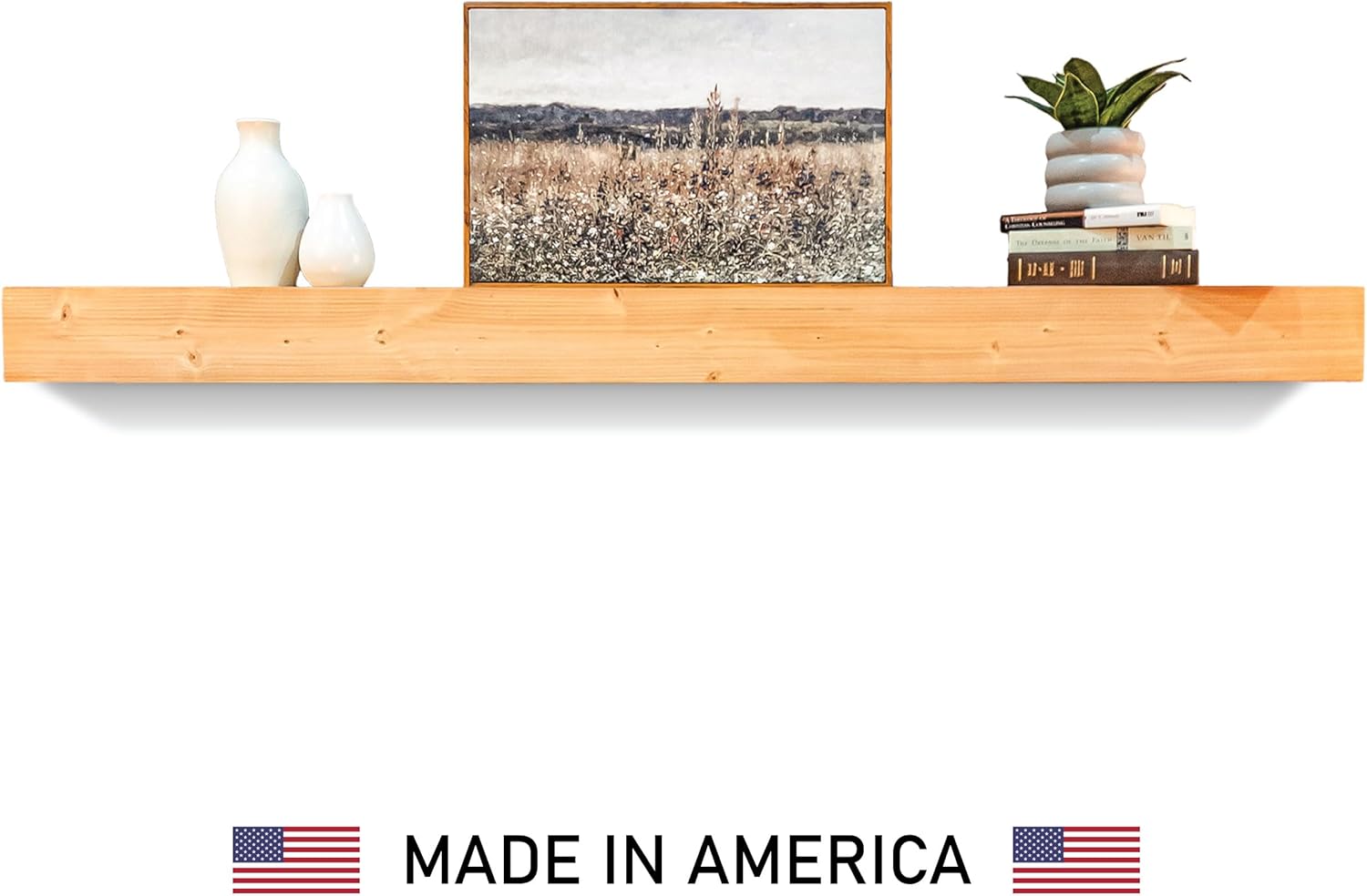 REXFORD Fireplace Mantel - USA Made Real Wood - Handcrafted Farmhouse Wall Mounted for Over Fireplace Floating Shelf Mantle (Natural, 60X8X5 Inch Mantel)