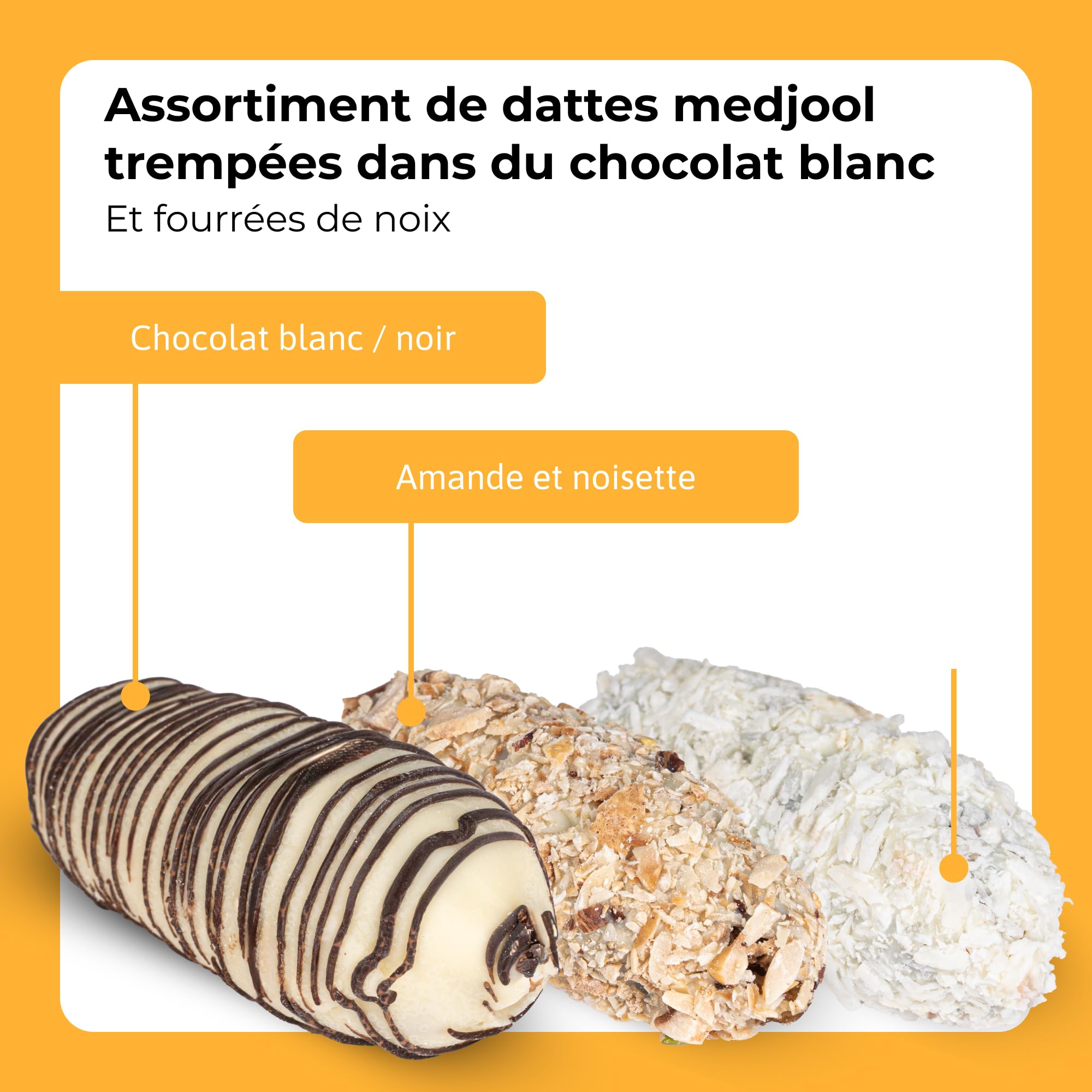 Dattes Medjool farcies aux fruits secs et enrobées de chocolat blanc 500g I Végétalien,sans gluten,sans conservateur I coffret cadeau élegant I Desserts Gourmets de 15 Pièces I Dattes Medjoul aux noix