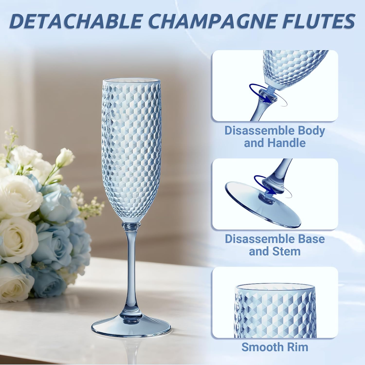 Plastic Champagne Flutes, 5.5oz Unbreakable Detachable Champagne Glasses, Reusable BPA-free Stemware Cups for Wedding Toasting, Parties, Mimosa Bar (12pcs, Blue) - Image 3