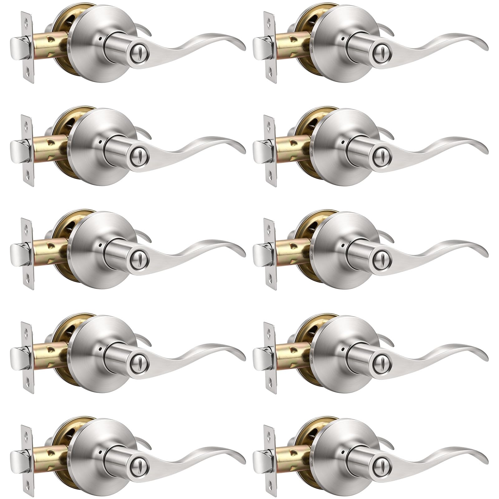 Mengico 10 Pack Privacy Lever, Brushed Nickel Interior Door Handle, Bedroom