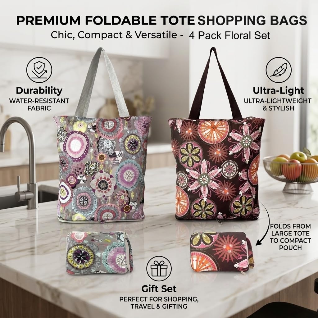 NC 4 Pack Foldable Kitchen Reusable Grocery Bags Floral Designs with Zipper Folding Shopping Tote Bags Lightweight Durable Large Bags 50LBS for Grocery