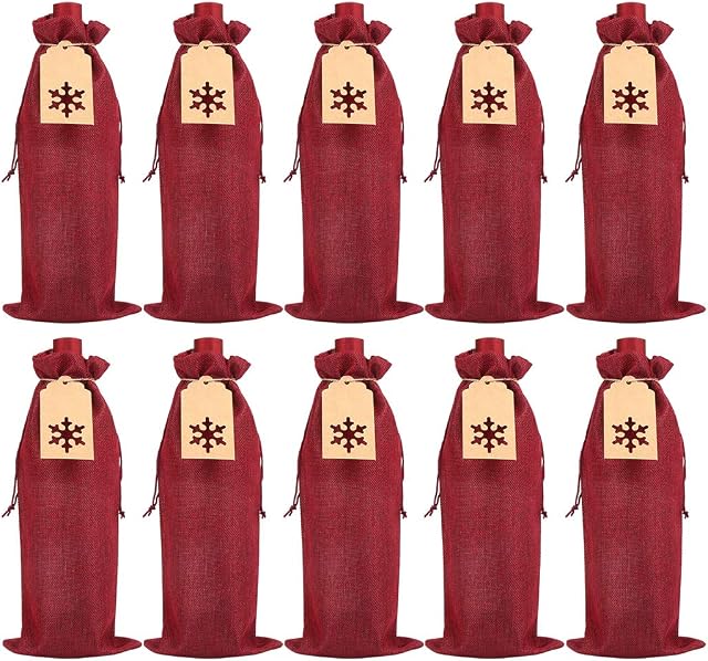 VEYLIN Burlap Wine Gift Bags, 12 Wine Bottle Bags Drawstring with Tags for Christmas Winter Party Supplies