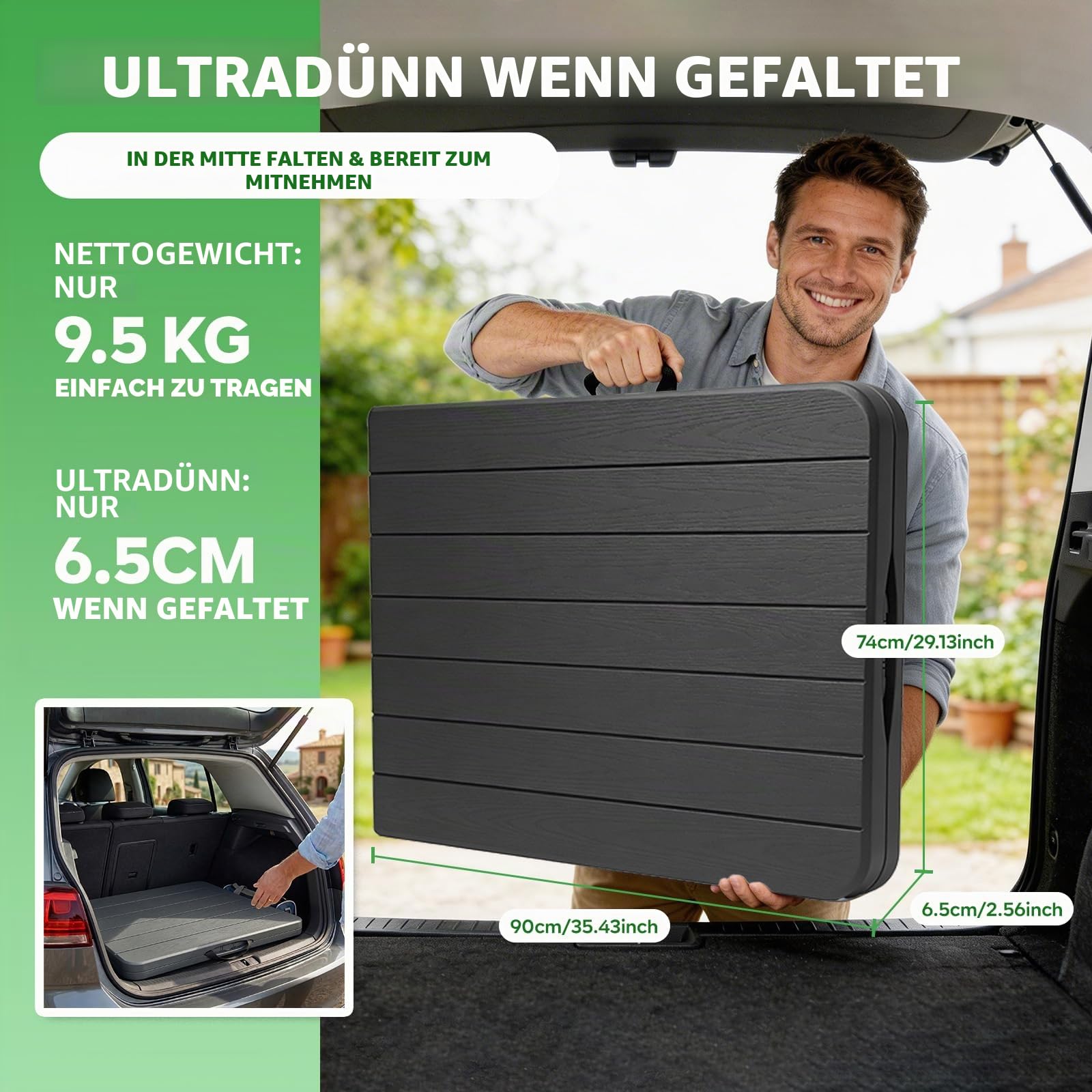 Klappbarer Gartentisch 180x74cm, Outdoor Campingtisch für 8 Personen, schwarz mit Holzoptik-Kunststoffplatte, Metallrahmen, belastbar 150kg, 3 Sicherheitsverschlüsse, Buffetstisch für Garten, Balkon