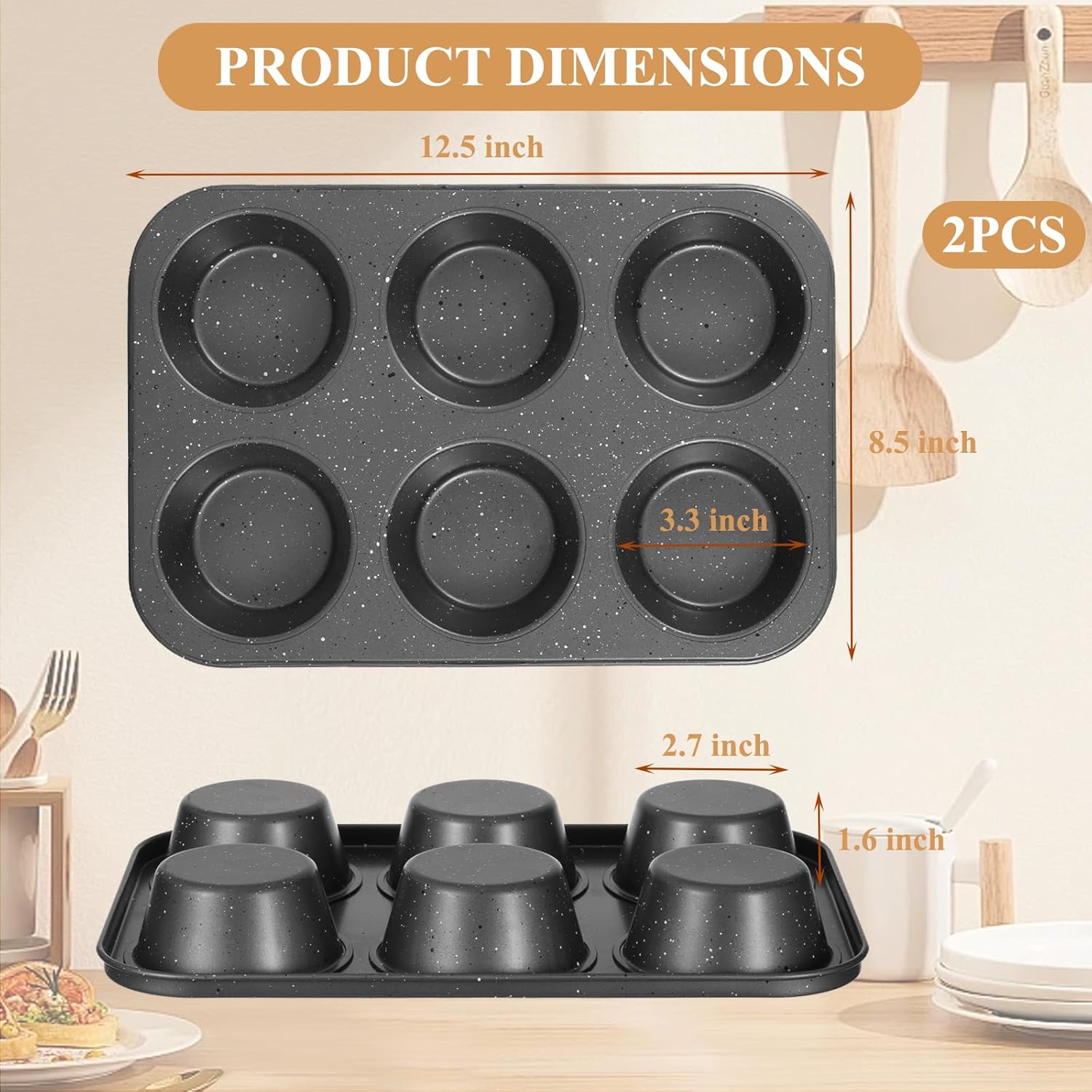 Jumbo Muffin Pan 2 Pack, Nonstick 6 Cup Muffin Tin, Extra Large Cupcake Pan for Baking, Giant Muffin & Cupcake Mold, Carbon Steel Muffin Tins, 3.3'' Cup Diameter - Image 2