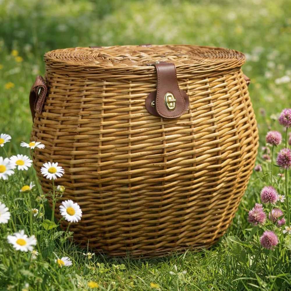 Cesto Vimini Grande con Tracolla e Coperchio 45x37 h35 cm MAX — Raccolta Funghi, Castagne e Frutti di Bosco — Cesto Zaino da Spalla