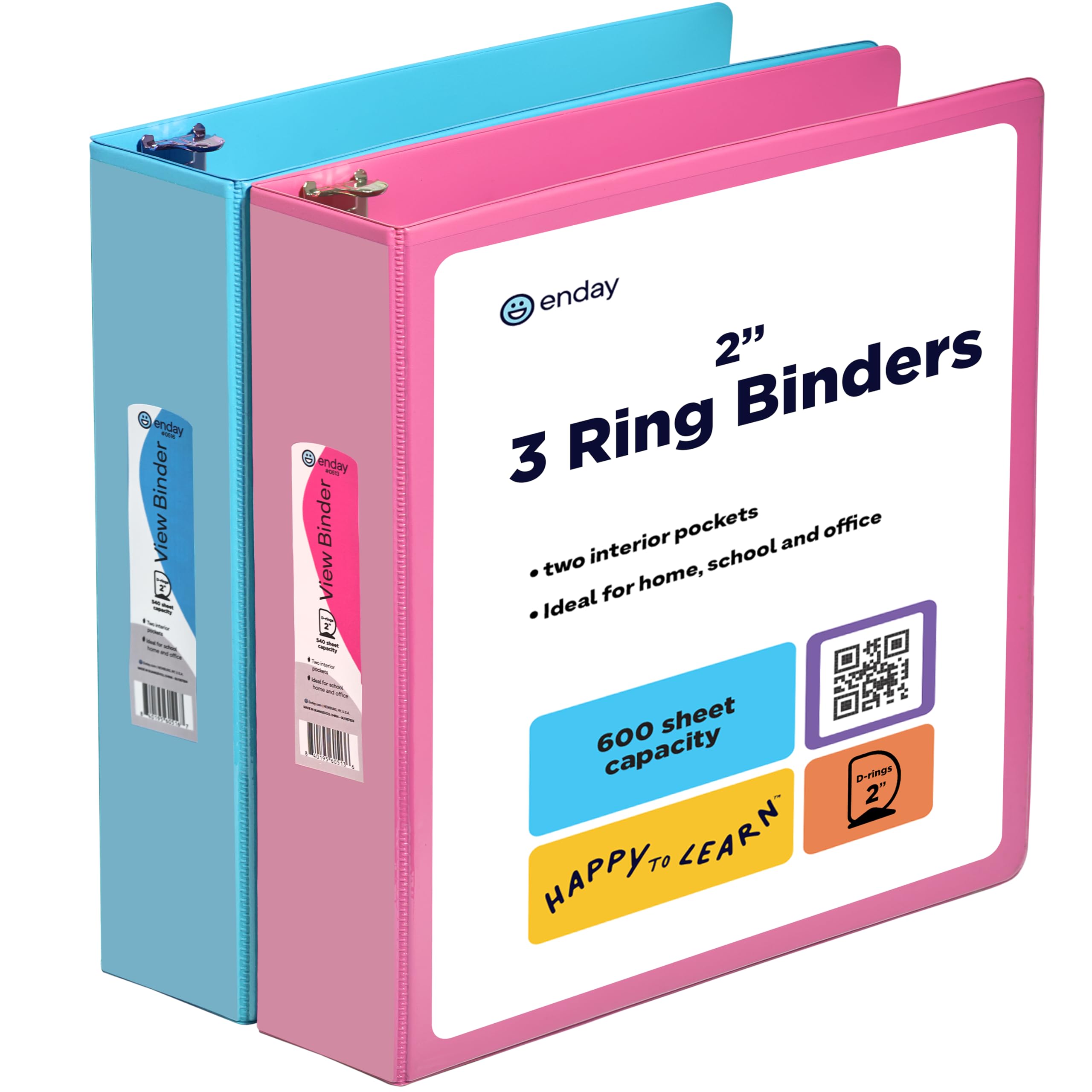 2 Inch Binder (2 Pack) Pink and Blue 2 Inch 3 Ring Binder, Clear View Cover with 2 Inside Pockets, Three Ring Binders for Home, Office and School