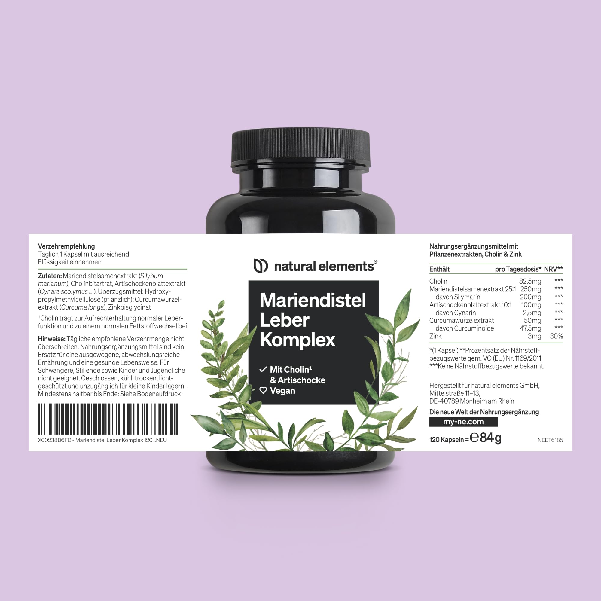 natural elements Mariendistel Leber Komplex - 120 Kapseln - mit Mariendistel, Cholin, Artischockenextrakt, Curcuma & Zink - Leberkur Hochdosiert, vegan, laborgeprüft und in Deutschland produziert
