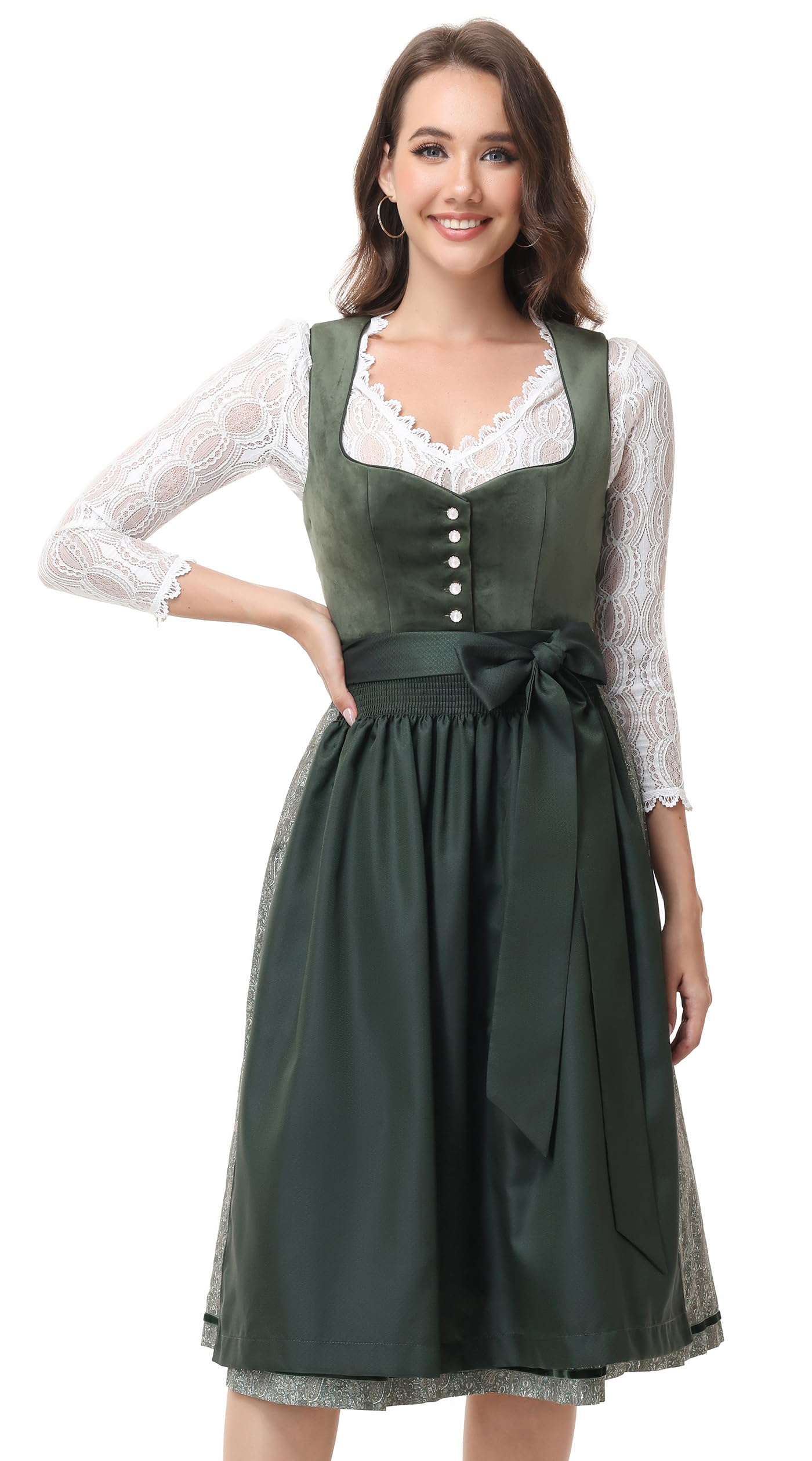 ELFIN Damen Midi Dirndl Samt Trachten Dirndlkleid Elegante Trachtenkleid für Oktoberfest inkl. Dirndlschürze Gr. 34-46