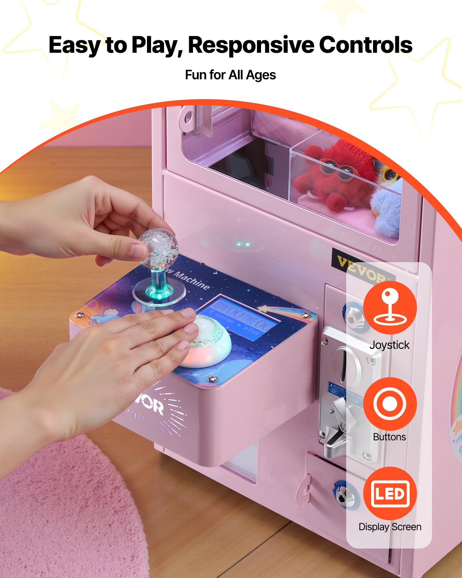 VEVOR Greifautomat, Greifer, mittelgroßer Spielautomat mit Licht & Ton, Präzisionsstahlklaue mit verstellbarem Griff für Plüschtiere, Verkaufsspielzeug, für kommerzielle Heimpartys & Kinos, Pink