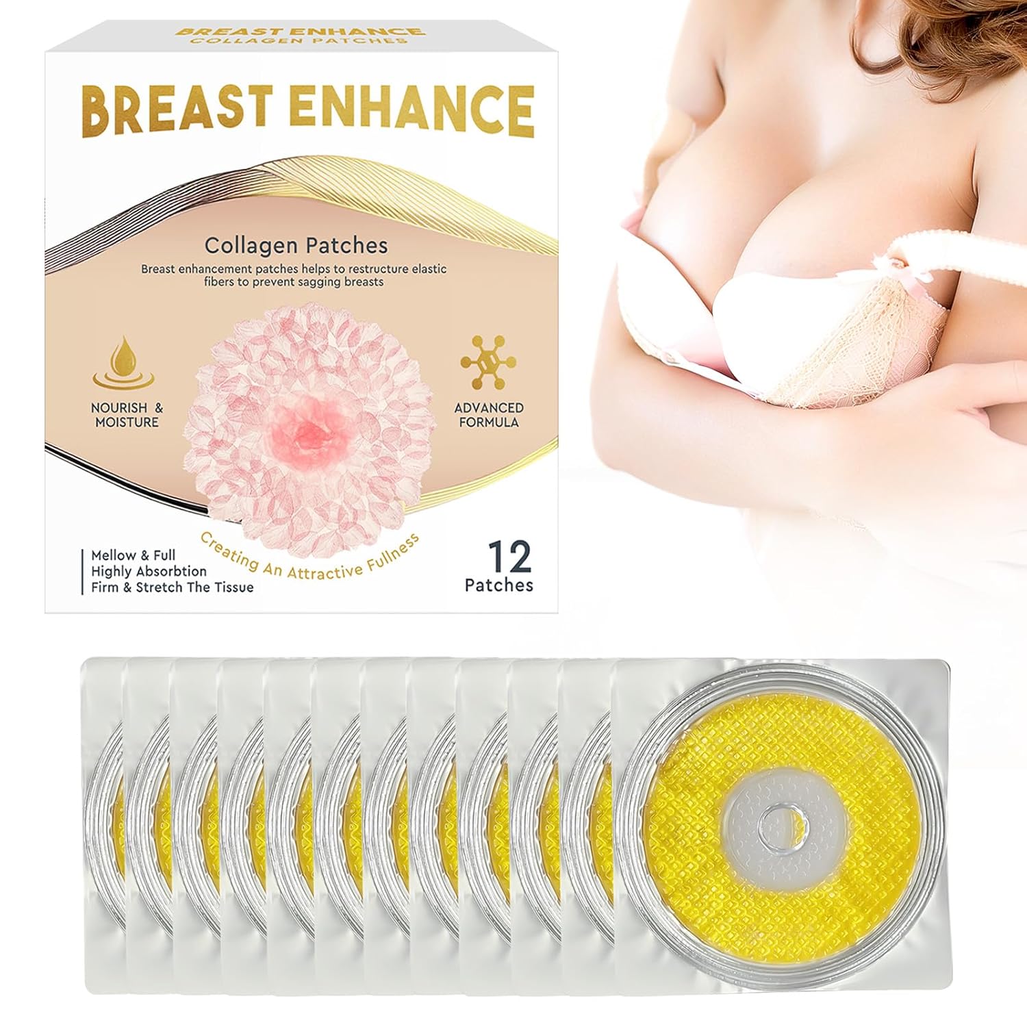 Dijkoo Breast Enhancement Patch, Breast Enhancer Patch for Women, Stimulates Breast Growth, Tightens Lifting & Enhances Elasticity, yellow