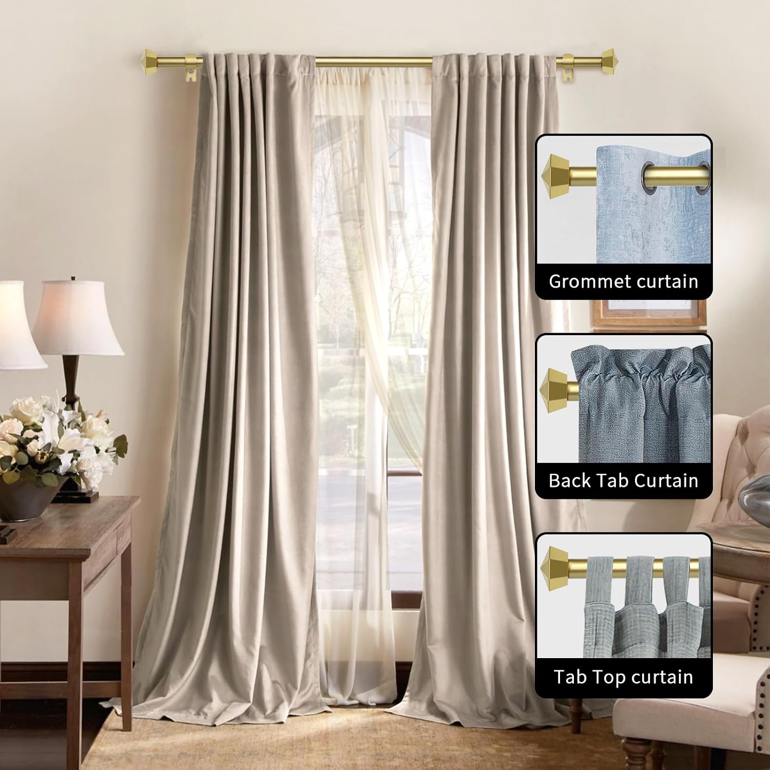 5/8" Double Curtain Rod with Chiodo Finials (Gold, 84"-120")
