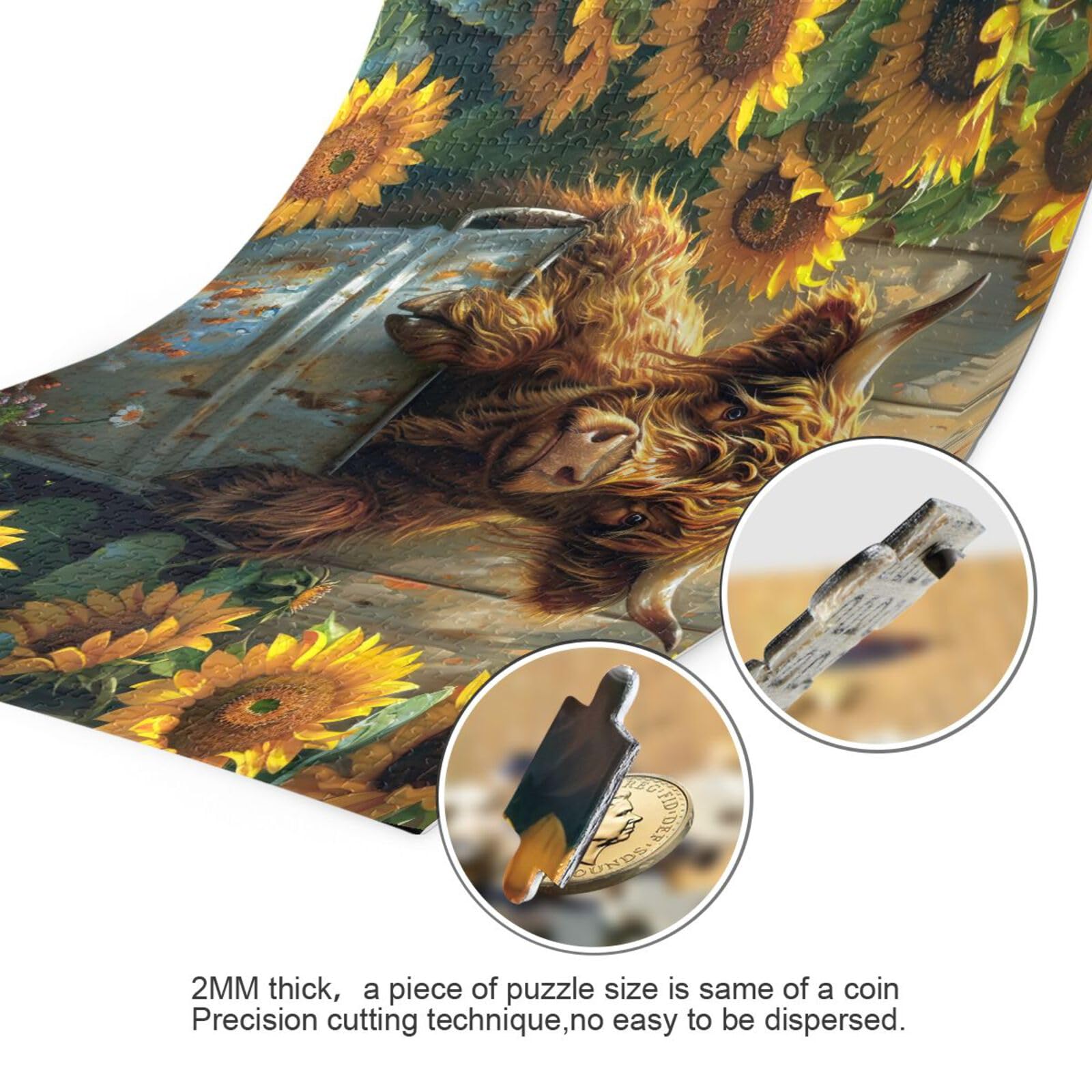 Highland Cow Puzzle 1000 Teile – Niedliches Kuh & Sonnenblumen Motiv, Holzpuzzle Für Erwachsene, Inkl. Poster