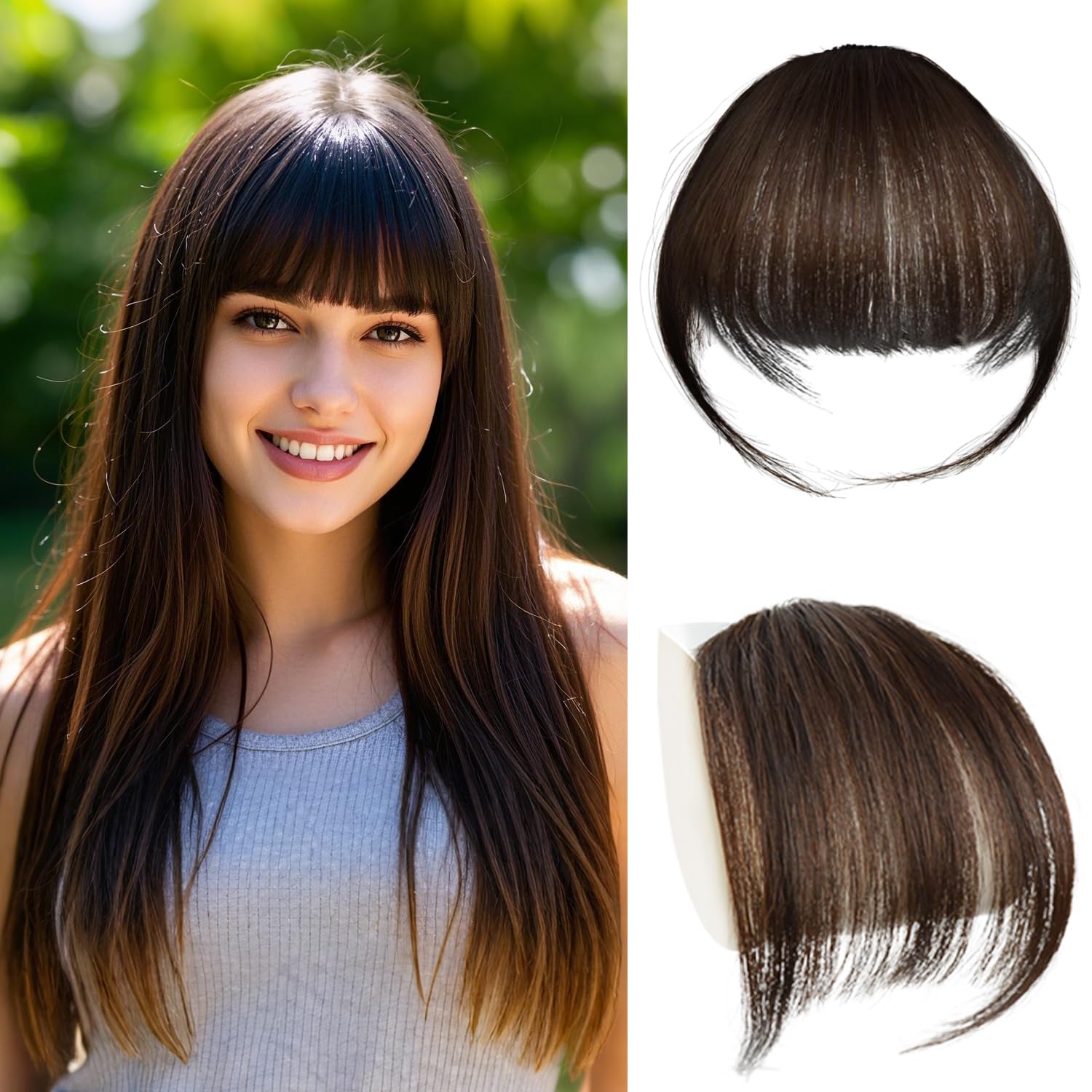 Clip in Bangs 100% Human Hair with Temples Hairpieces Air Hair Bangs Clip in Hair Extensions for Party and Daily Wear(Dark Brown)