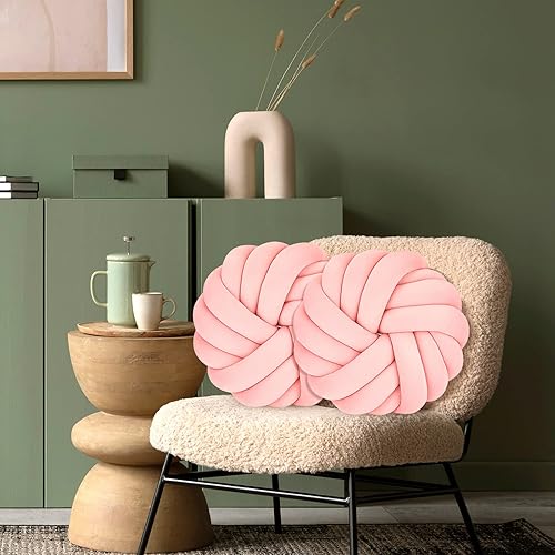Miniatura 6 de Fumete 2 Piezas Almohadas de Nudo Redondas de 14 Pulgadas, Almohada de Bola de Nudo de Felpa Suave Decorativa Hecha a Mano, Cojín Decorativo Moderno