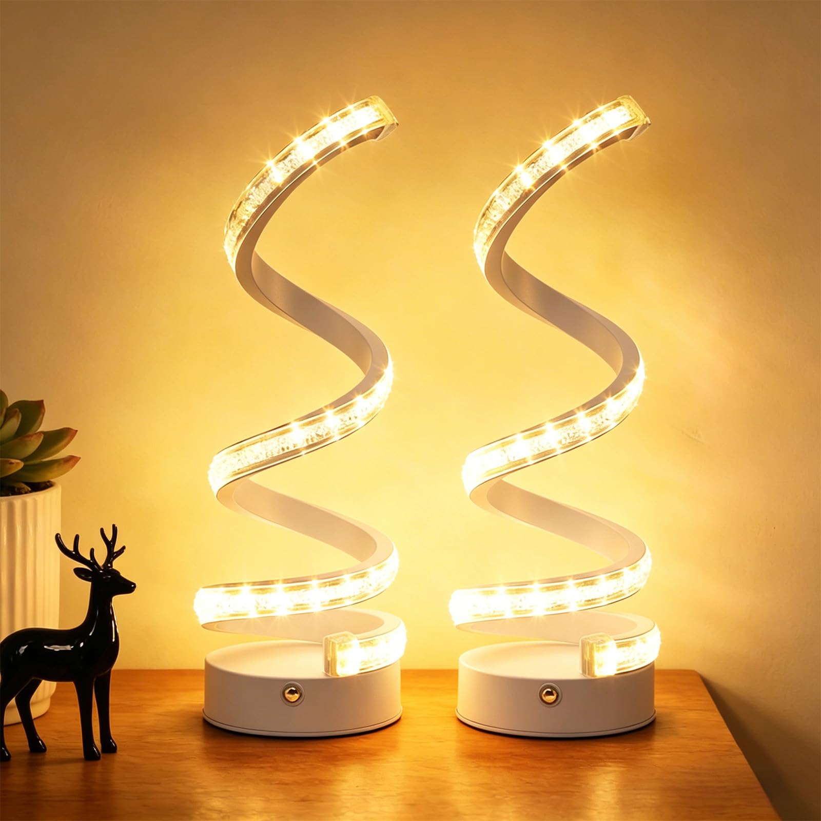 Set 2 Lampade da Tavolo LED a Spirale USB, Autonomia Wireless | ABS, Per Camera e Soggiorno, Touch Dimmer, 3 Temperature Colore, USB-C