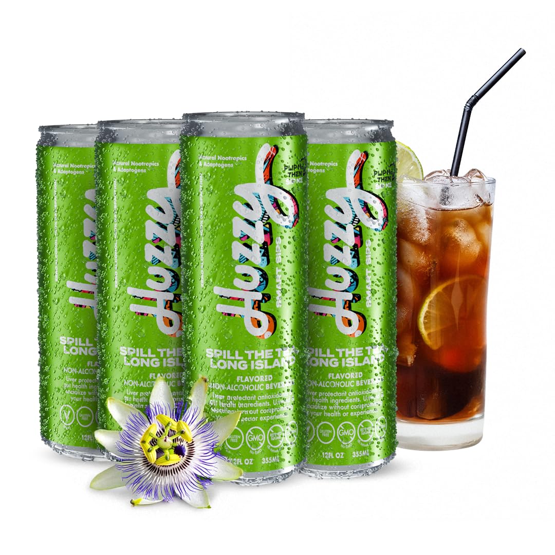 Huzzy Smart Sips Non Alcoholic Drinks - Long Island Inspired Canned Beverage - Alcohol Free Functional Cocktails - Low Calorie, Low Carb, No Refined Sugar, No Caffeine & Artificial Colors - 4 Pack