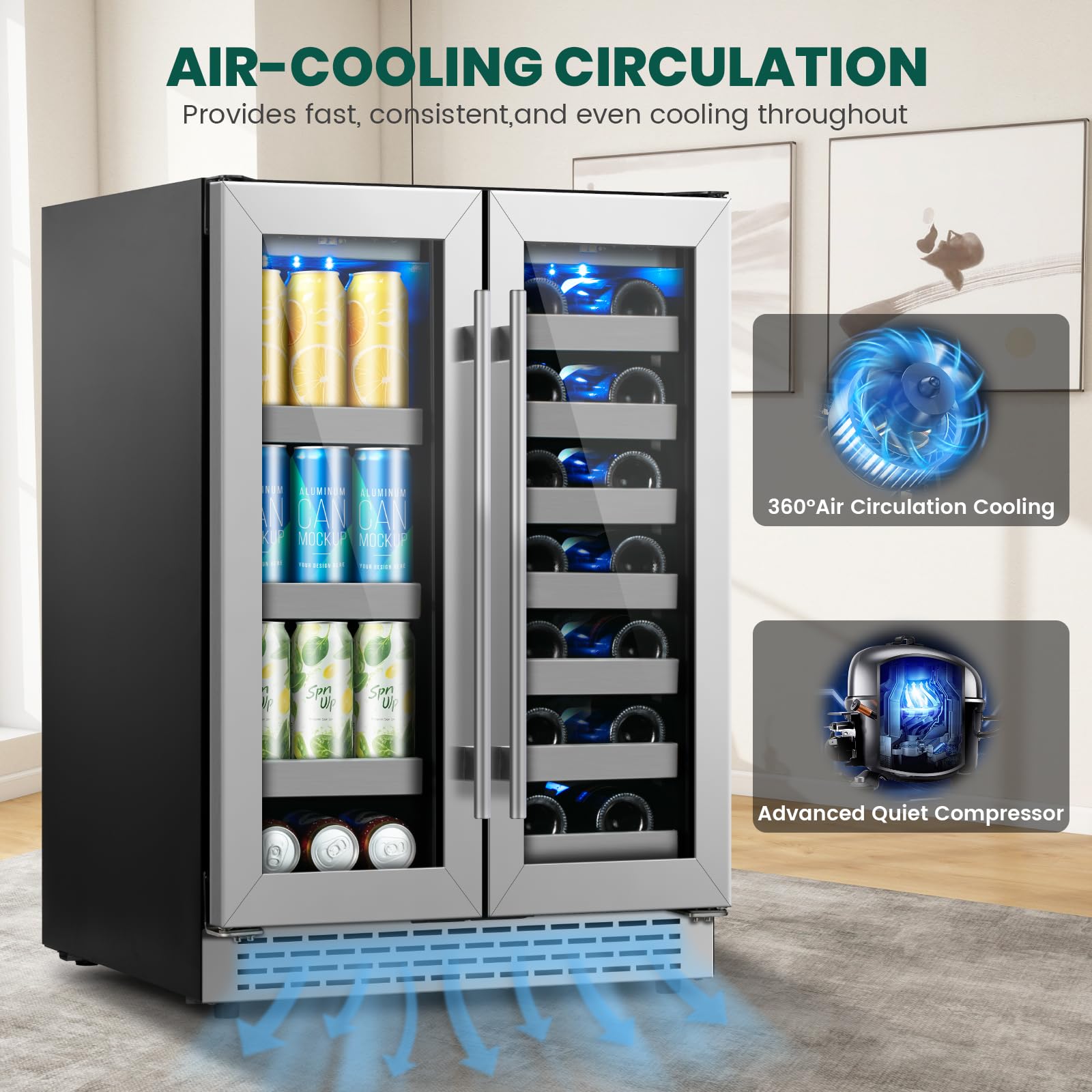 Friduo Dual Zone 24 Inch Wine And Beverage Refrigerator,20 Bottles And 88 Cans Wine Cooler Refrigerator With Glass Door,Upgraded Beverage Fridge Under Counter Or Freestanding For Beer Soda Bar on Fridge.com - View 5