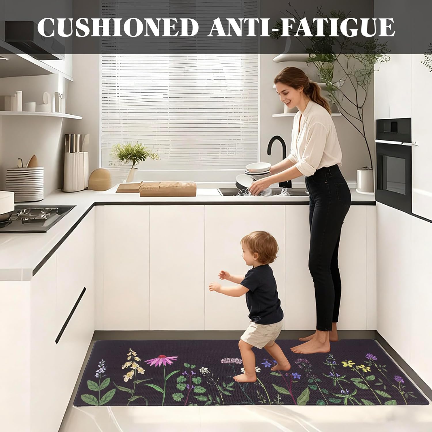 Mirok Washable Anti Fatigue Mat for Cushioned Floor Mats,Colorful Floral Non-Skid Ergonomic Comfort Foam Rugs,Non Slip Kitchen Rug(Multi Flower,17"x47")