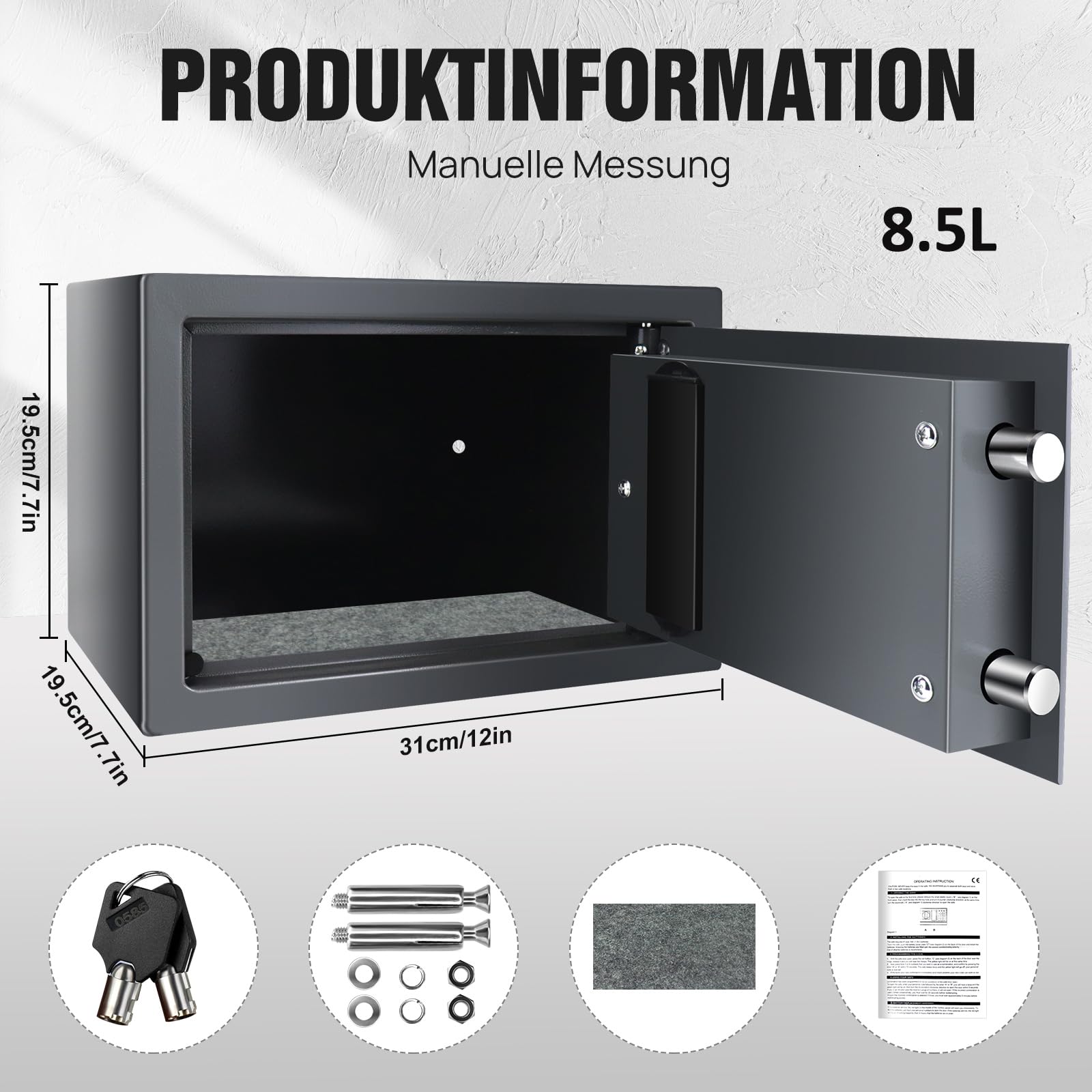 Cassaforte con 2 chiavi, cassaforte elettronica digitale per ufficio, alta sicurezza, soldi, grigio con tastierino digitale, 31 x 20 x 20 cm (8,5 l)