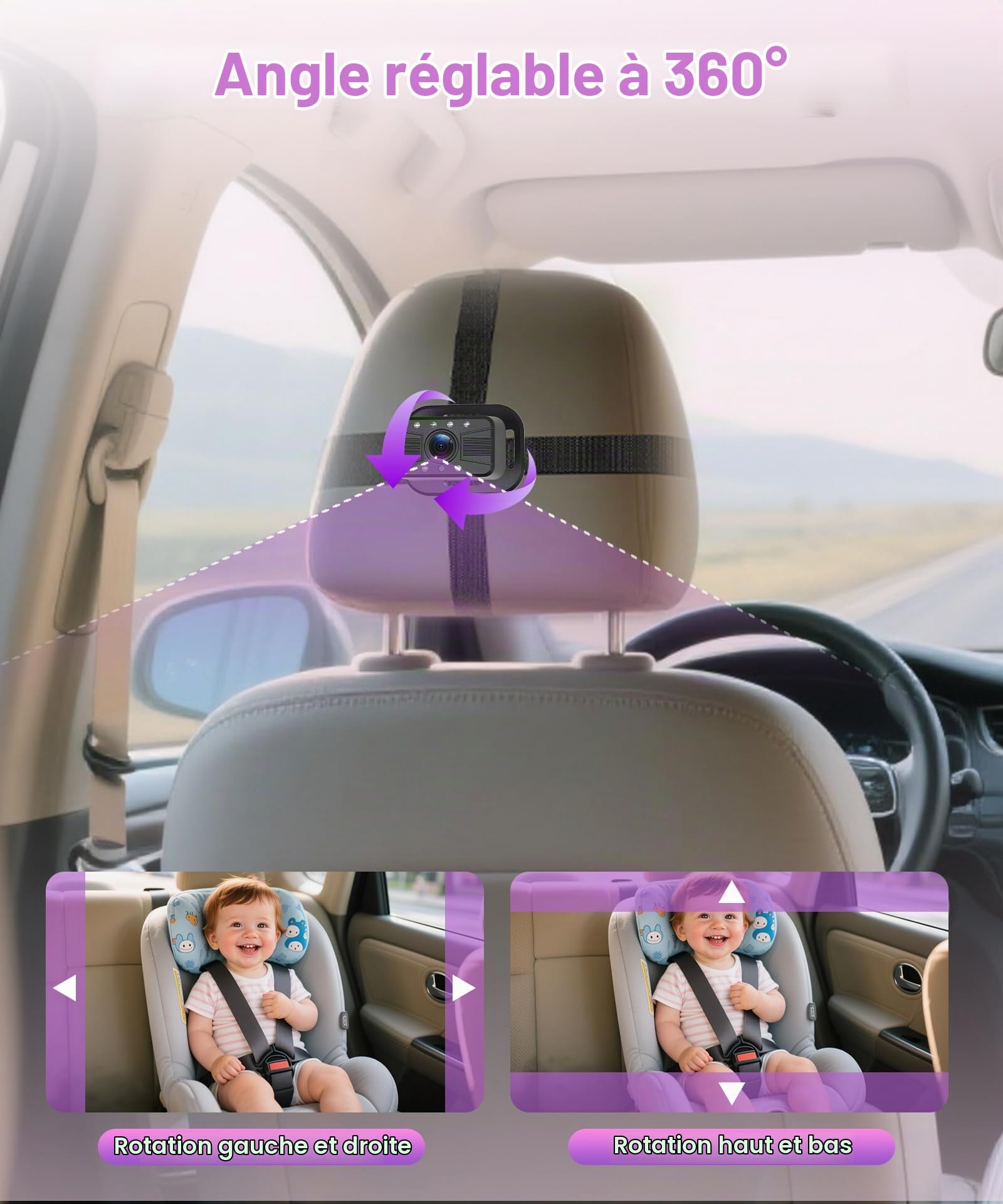 Camera Voiture pour Bébé pour Enfants avec Caméra de Recul de plaque d'immatriculation, 6,86 Pouces Écrans Partagés, Miroir Voiture Bébé 1080P Retroviseur Voiture Bebe Rotative 360° IR Vision Nocturne