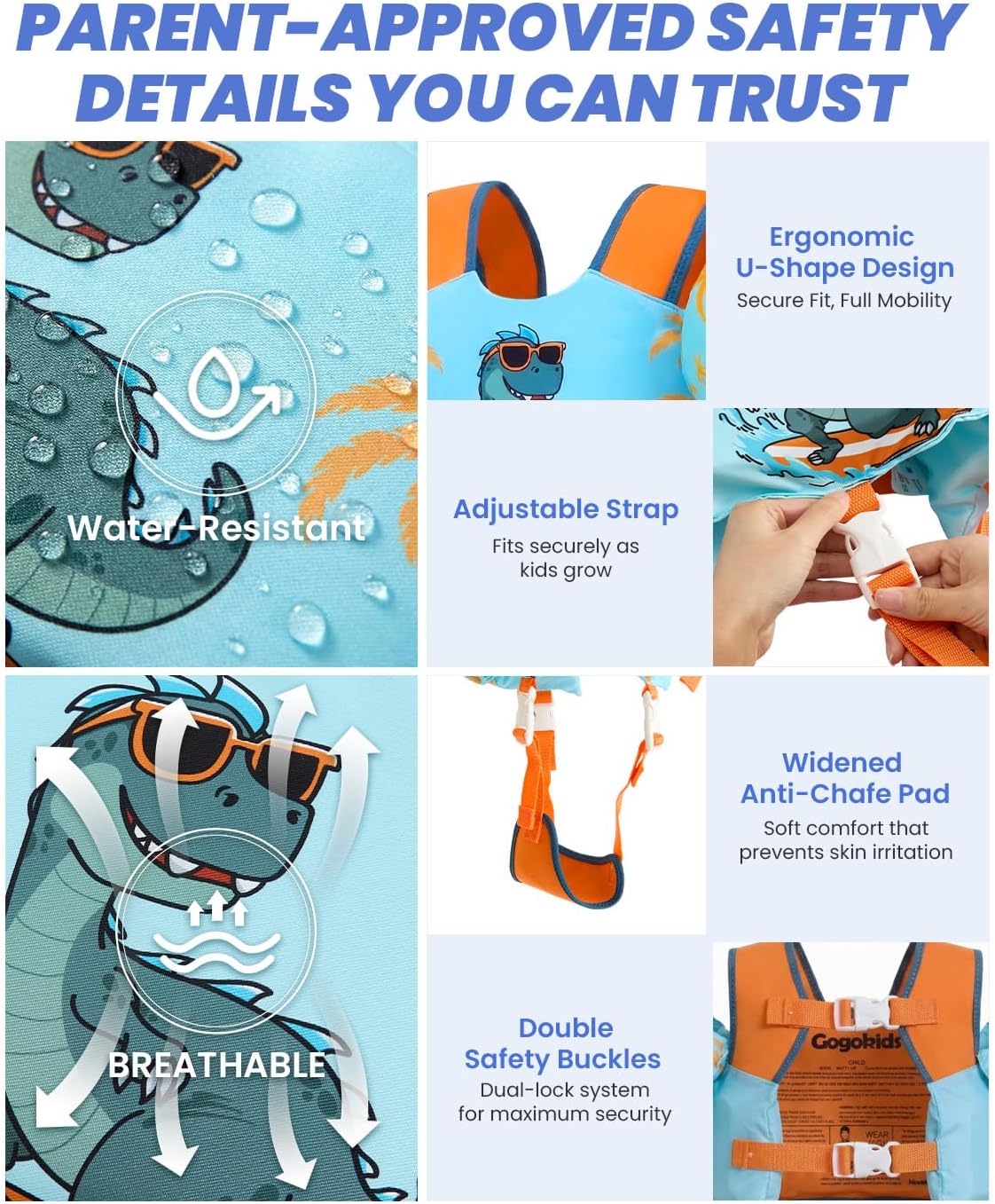 Gogokids 2-in-1 Toddler Swim Vest Pool Floaties for Kids[CPC Certified & Remove Crotch Strap]Puddle Float Jumper 24-66 Pounds, Toddler Arm Floaties Swim Jacket Water Wings for kids Boys Girls Swimmies