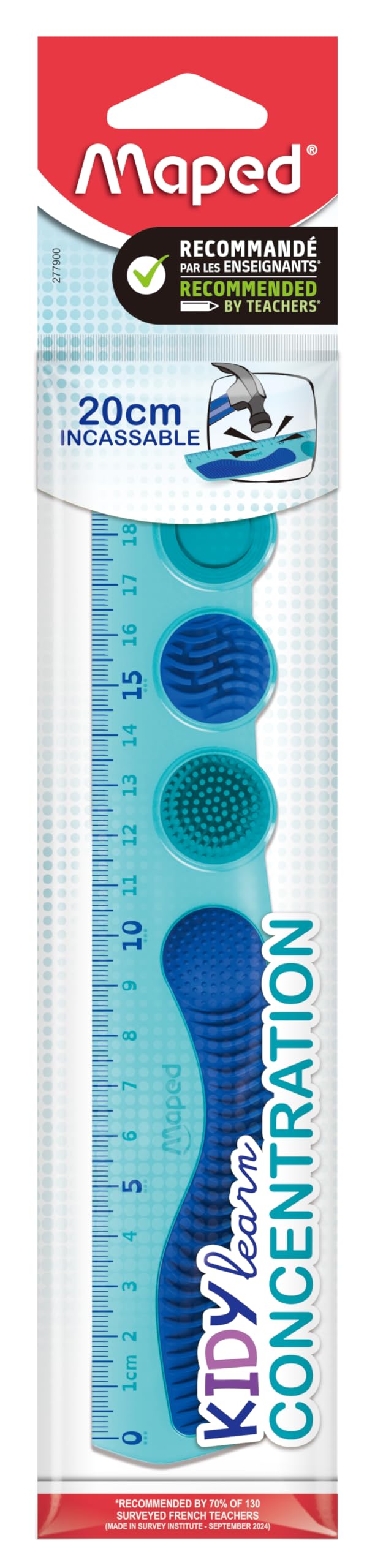 Maped - 20cm Kidy Learn Concentration Ruler - Shatterproof Material - Removable Sensory Touch Zones - Grip System - School Stationery