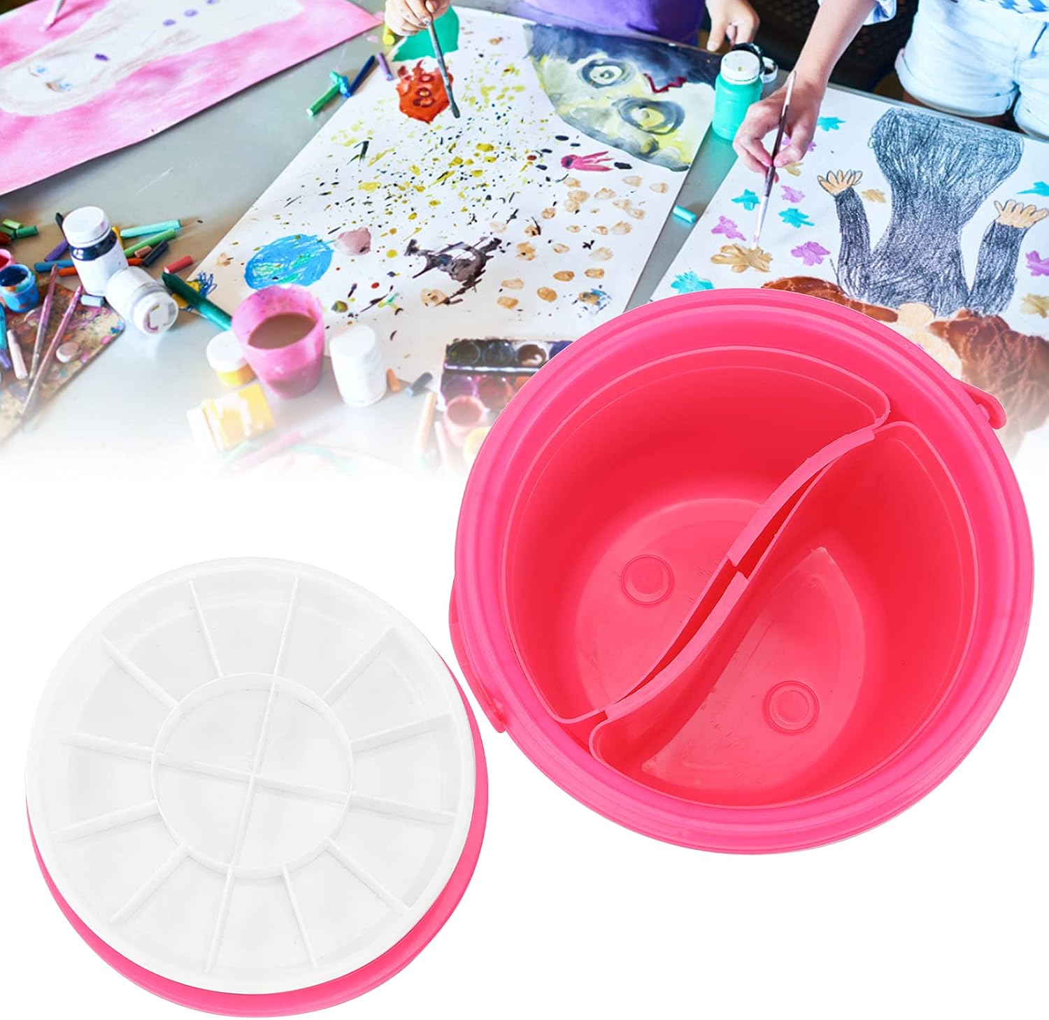 plplaaoo MultiFunction Paint Brush Tub Plastic 2 Compartments Bucket with 16 Color Palettes for Watercolor Oil Painting Acrylic Painting Artists Kids Students (YJ004 multifunctional bucket pink)