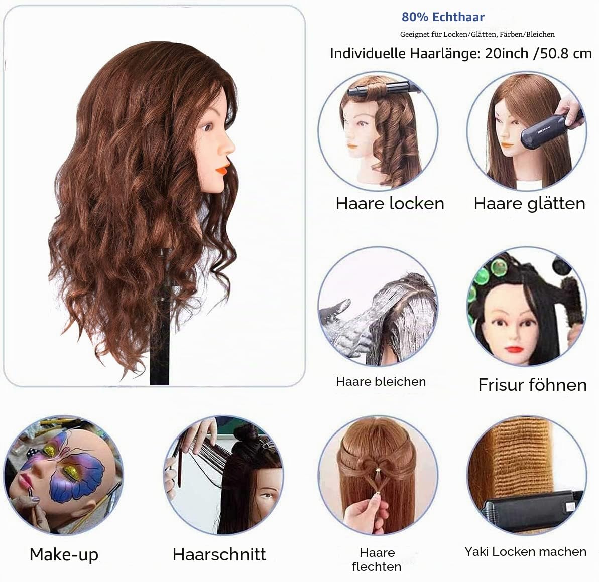 SZCY LLC Mannequinkopf mit 100 % Echthaar, 45,7 cm, Dunkelbraun, Kosmetik, Frisierkopf, Übungskopf, Puppenköpfe mit Klemmhalter und Werkzeugen