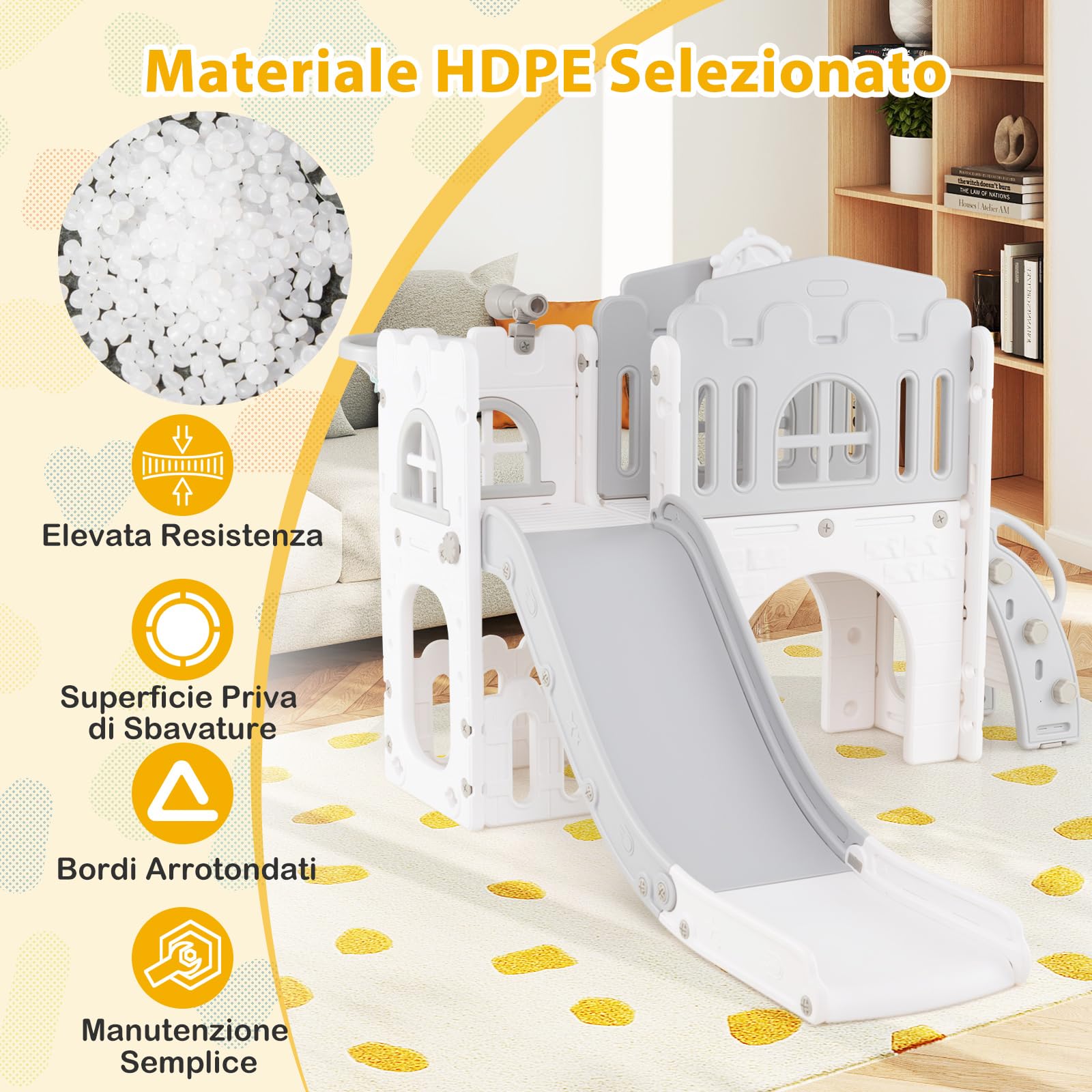 RELAX4LIFE 9 in 1 Scivolo per Bambini, Parco Giochi con Canestro da Basket, Scala da Arrampicata, Telescopio e Tunnel, Giochi Montessori per Bambini 1 Anni + (Classico, Bianco+Grigio)