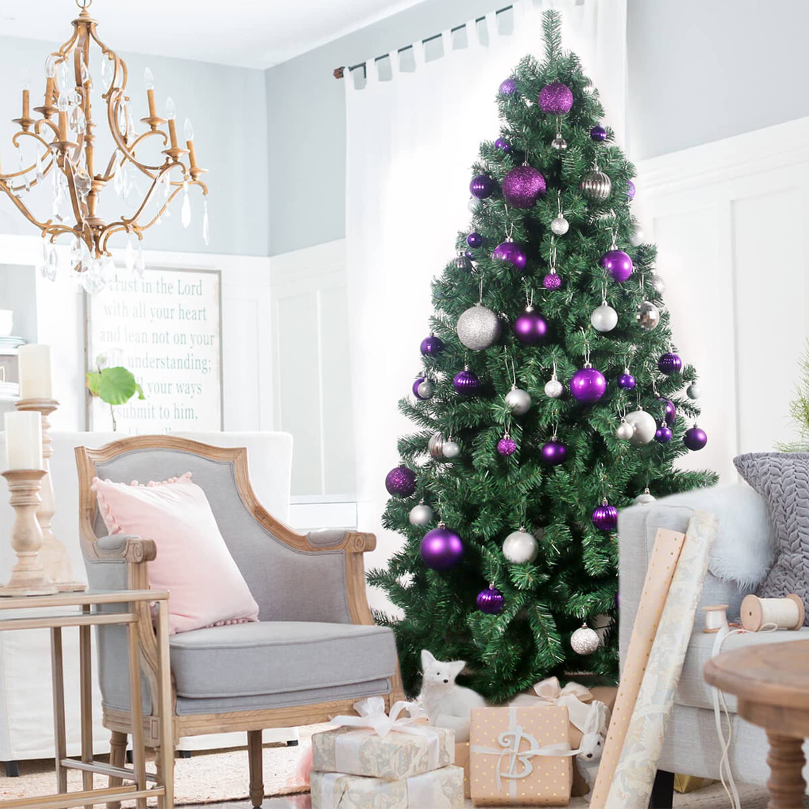 Lot de 36 boules de Noël violettes et argentées de 6,3 cm pour décoration de sapin de Noël incassables à suspendre pour la Saint Patrick, la Saint-Valentin, Pâques