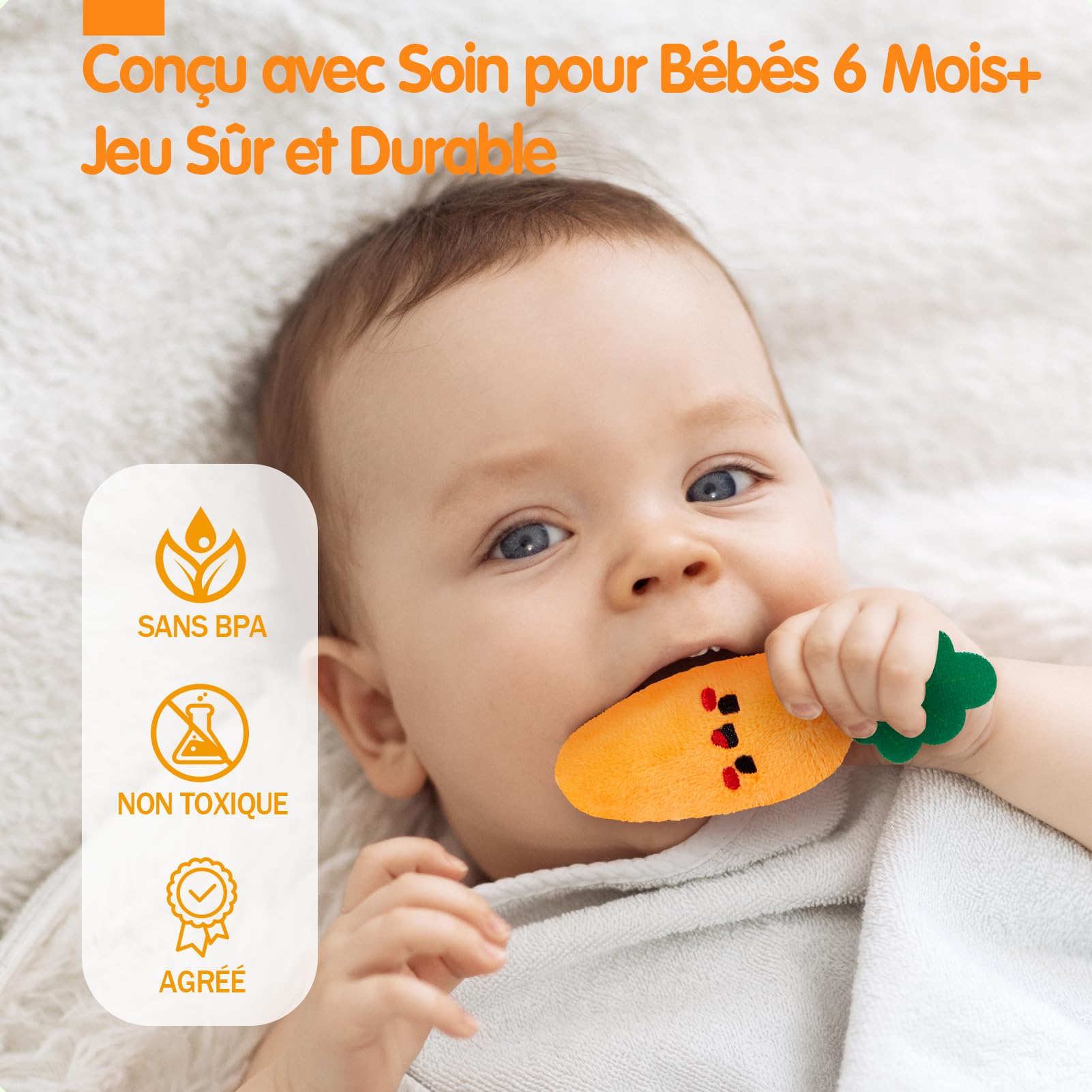 hahaland Jouet Bebe 6-12 Mois - Peluche Fruits légumes Plante | Jeux Potager Bebe 6 Mois avec Carotte, Fleur, Hochets, Miroir et Tissus Froissés - Cadeau Enfant 1 an