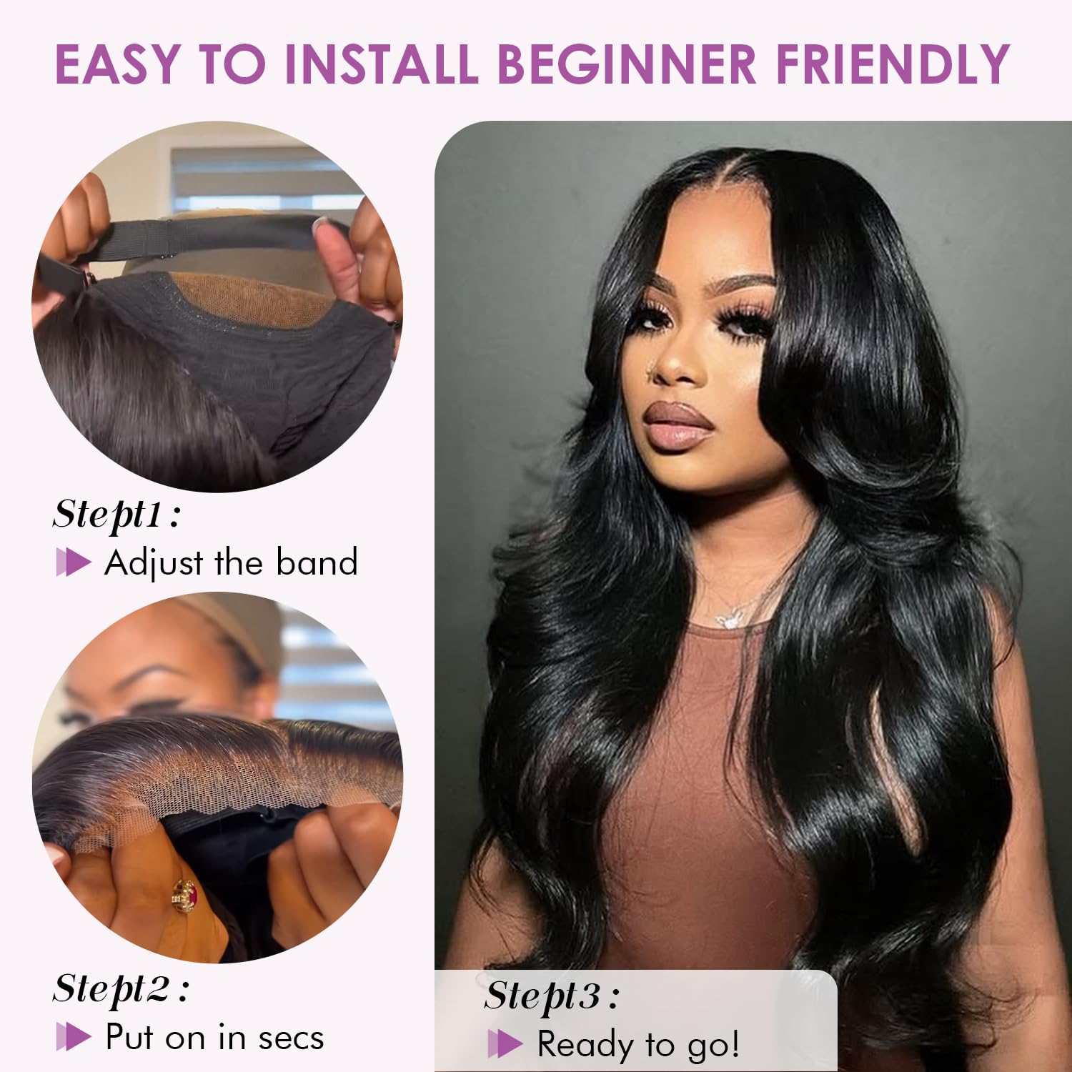 UNILO Body Wave Glueless Wigs for Women human Hair Wear and Go Glueless Long wig Pre Cut lace 4x4 Front Wigs for Black Women 100% Brazilian Real Hair 180 Density Natural Black Wig 16 Inch - Image 2